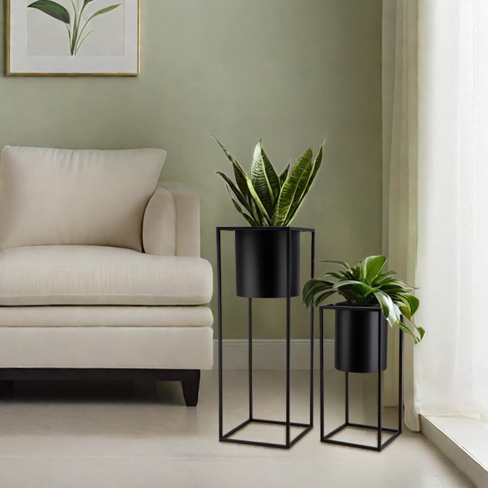 TRIROCKS Set of 2 Planters with Stand Indoor Otdoor Black Planters for Indoor Plants 28 &18" Tall Morden Planters Flower Pots for Living Room Corner Kitchen Office Garden Balcony Patio Decor(Black) image number 5