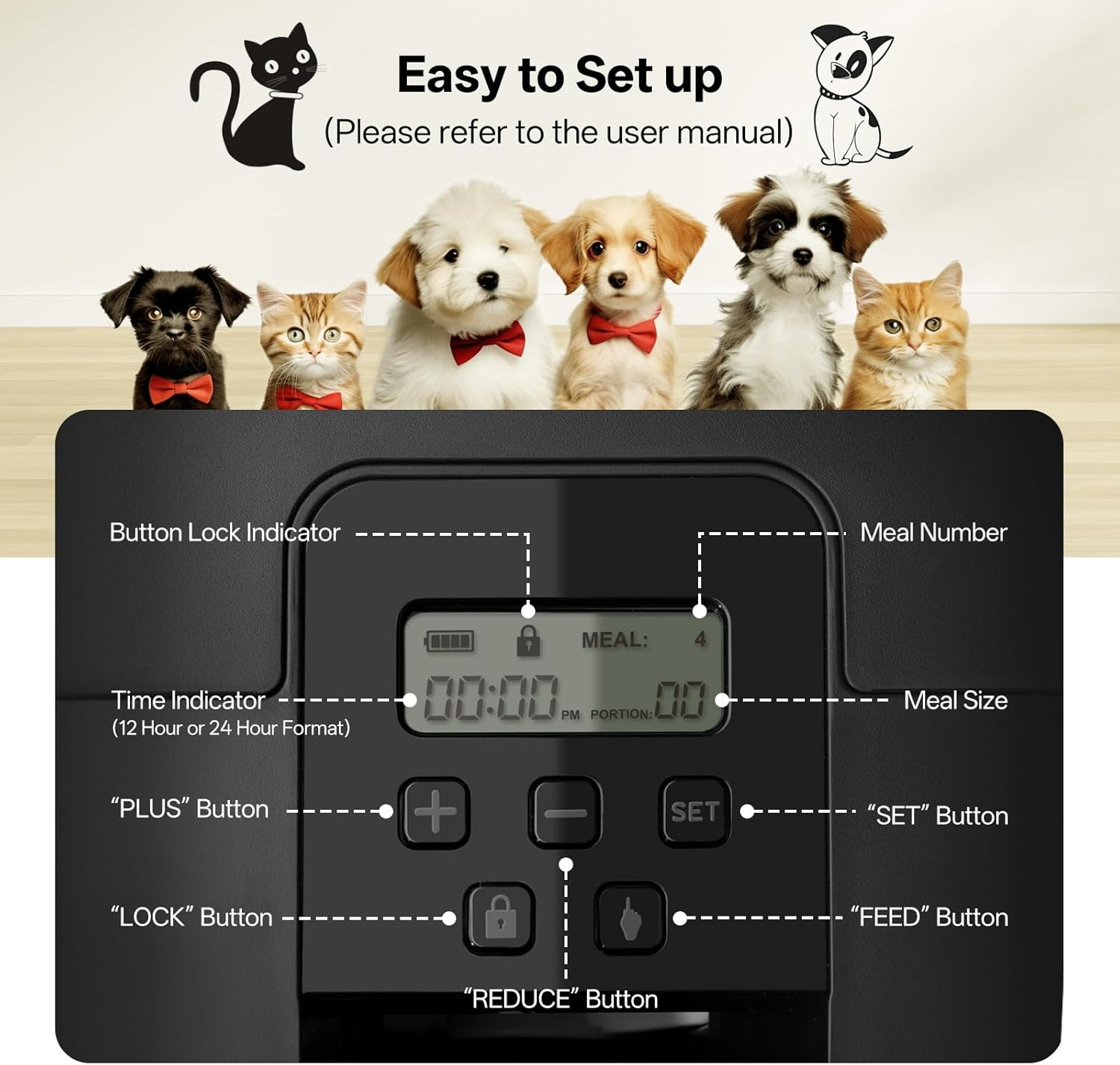 BFLICROY Automatic Cat Feeder, 2L Timed Pet Feeder, Reliable Scheduled Dog Food Dispenser, 1-4 Meals/Day, 1-40 Portions/Meal, Programmable Control, Dual Power Supply image number 1