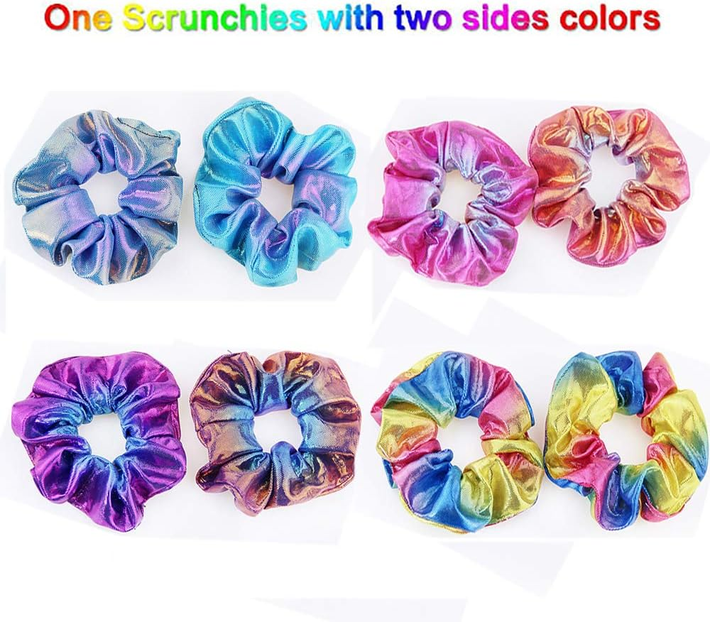 Hair Scrunchies, 8 Pack Shiny Metallic Elastic Hair Scrunchies Ties Colorful Mermaid Hair Bands Ponytail Holders Soft Hair Scrunchy Bobbles Hair Accessories for Women Girls, Gym Dance Party or Club