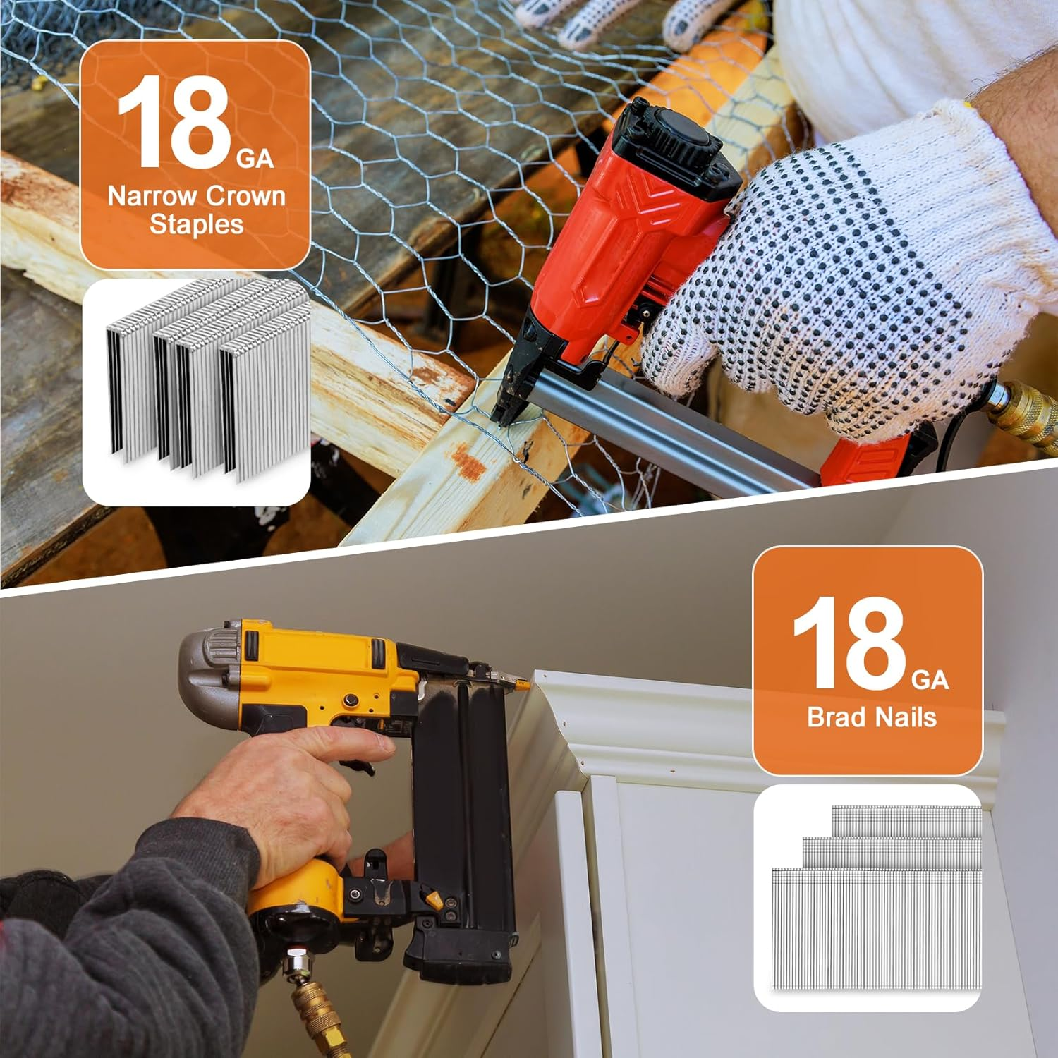 PINOZE 4200-Count 18 Gauge 1/4" Narrow Crown Staples (1-1/2" 1-1/4" 1" 3/4" 1/2") & 18GA Brad Nails (2" 1" 5/8"), Heavy Duty Galvanized Upholstery Staple for Pneumatic/Electric Stapler Gun/Brad Nailer image number 1