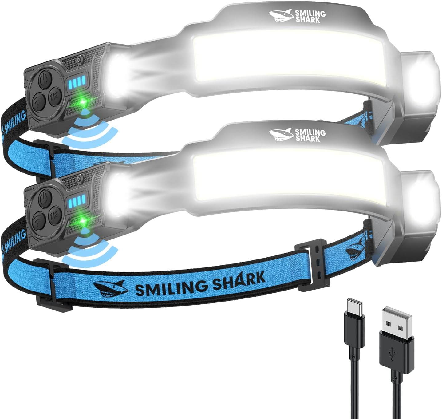 Smiling Shark TS-4 Headlamp, Dual Spotlight with 4X Floodlight & Strobe LED Head Torch Rechargeable 2400Mah Long-Lasting & Motion Sensor Hands-Free Design for Camping Hiking Running Jogging (2 Pack) image number 6