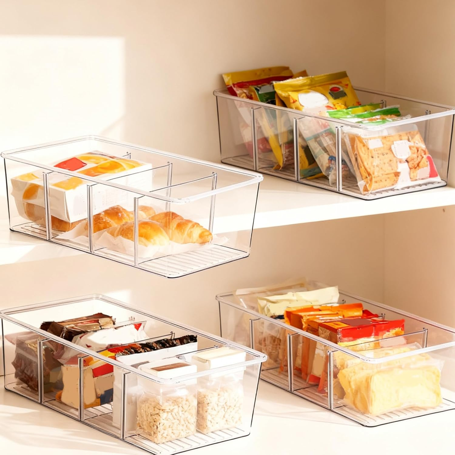4 Pack Pantry Organizers and Storage Bins, Clear Plastic Medicine Cabinet Organizer, 4 Compartment Holder Packets for Pantry, Kitchen, Fridge, Snacks image number 2