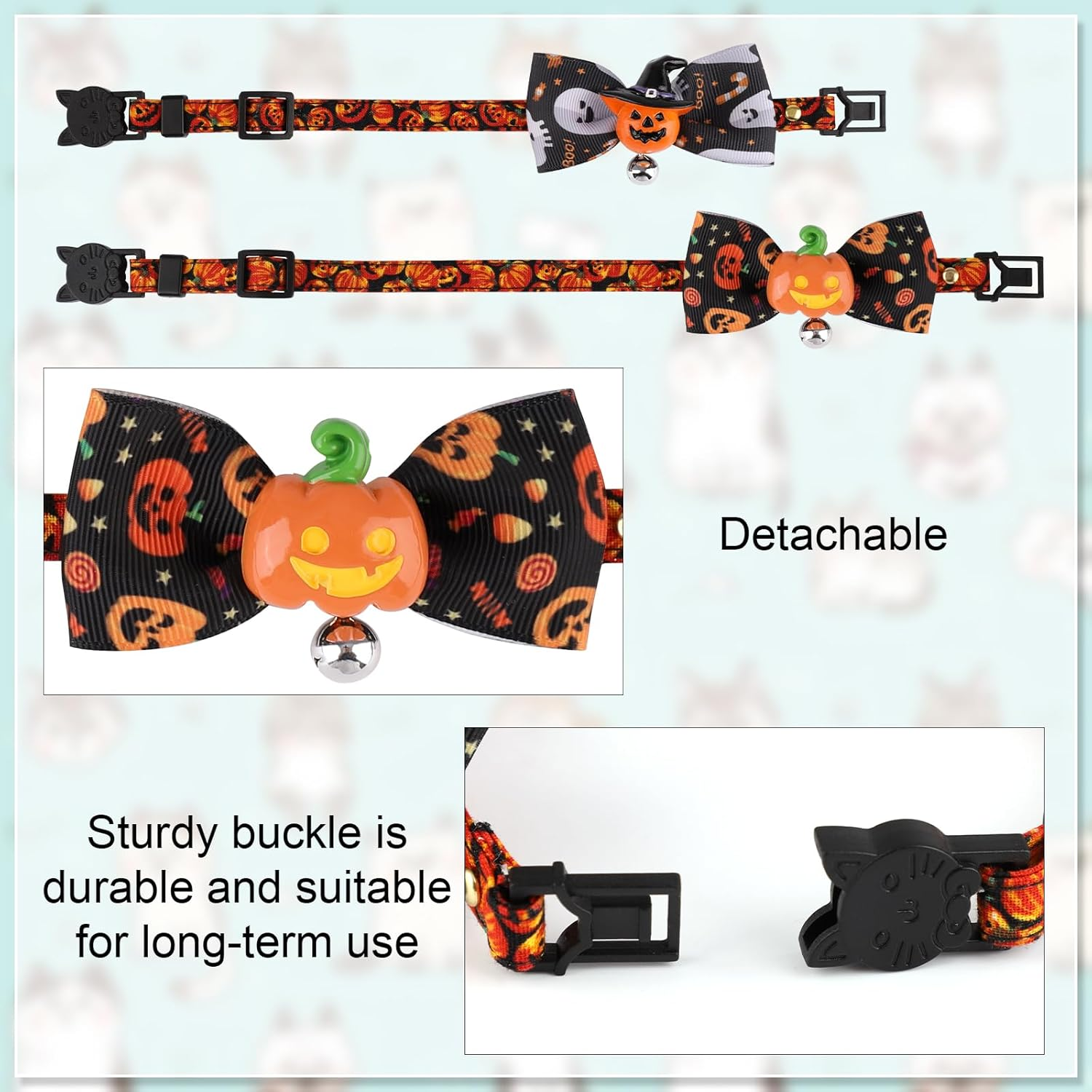 2Pcs Halloween Pet Collar, Cute Dog Collar Bowties Halloween Cat Collar with Bell Puppy Collar with Bow Tie Kitten Collar for Cats and Dogs(Pumpkins & Hooded Pumpkins) image number 4