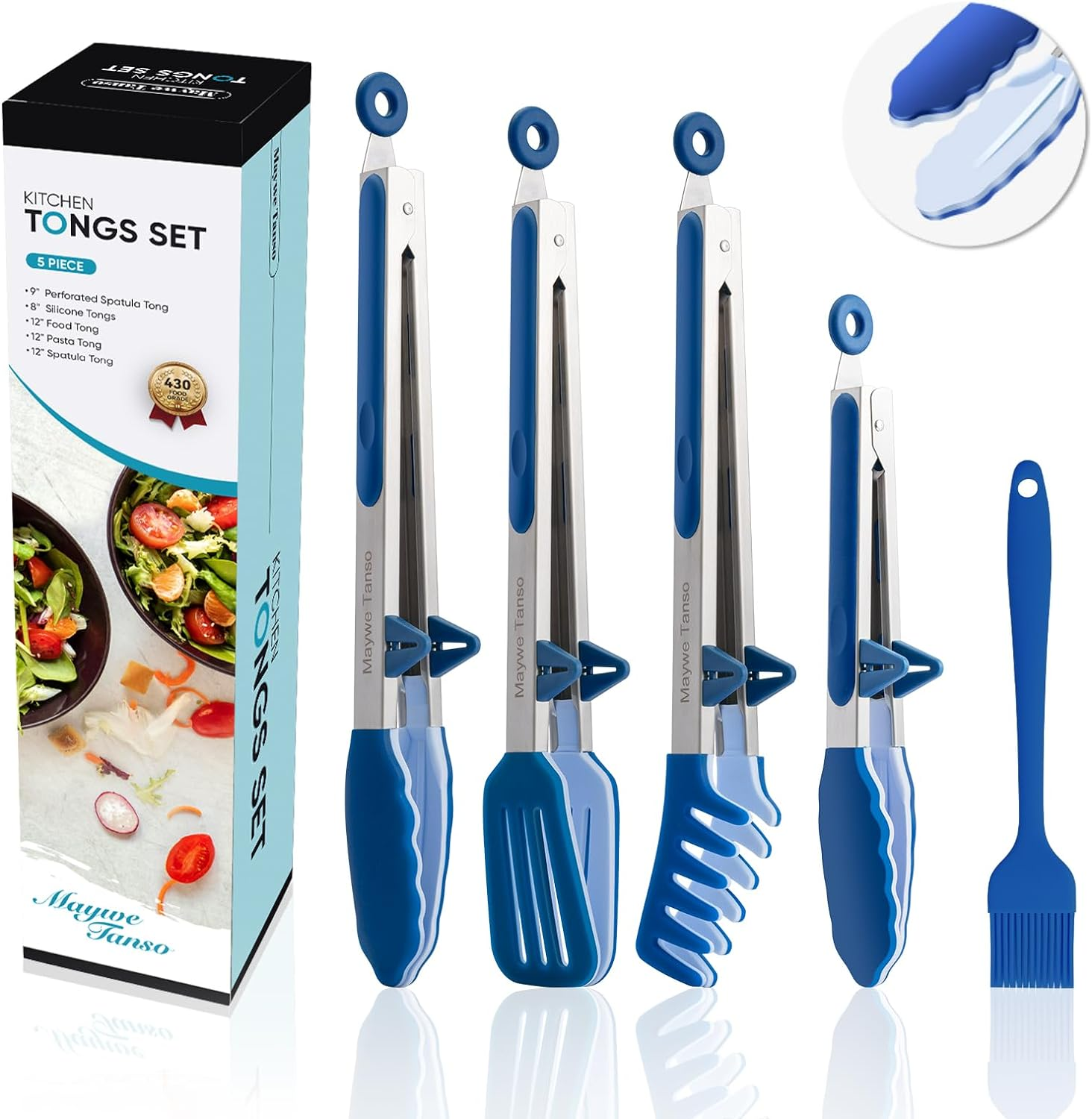 5-Pack Silicone Tongs for Cooking,Maywe Tanso 4PCS 13-Inch Cooking Kitchen Tongs with Silicone Tips,Nonstick Stainless Steel Tongs for Steak Pie Pizza Pasta Spaghetti Salad BBQ Buffet,Plus Brush