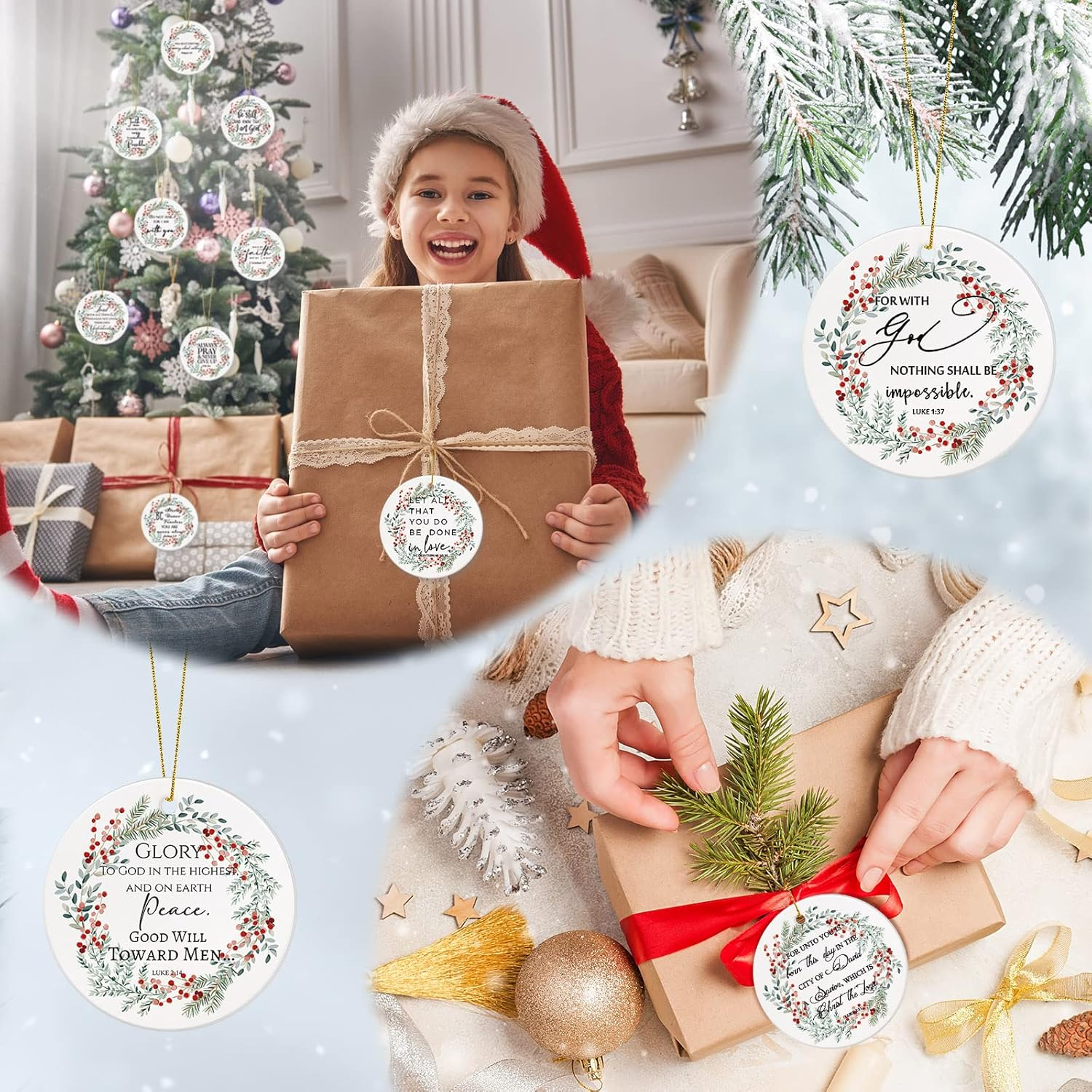 Sieral Bible Verse Christian round Flat Ceramic Ornament Wreath Pattern Inspirational Quotes Ornaments for Mom Women Teacher Gift Bedroom Hanging Religious Christmas Decor (24 Pcs)