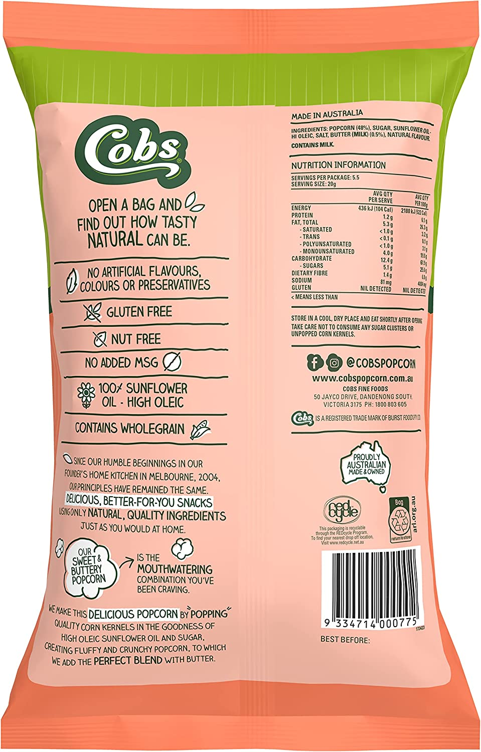 Cobs Natural Sweet & Buttery Popcorn, 110G image number 3