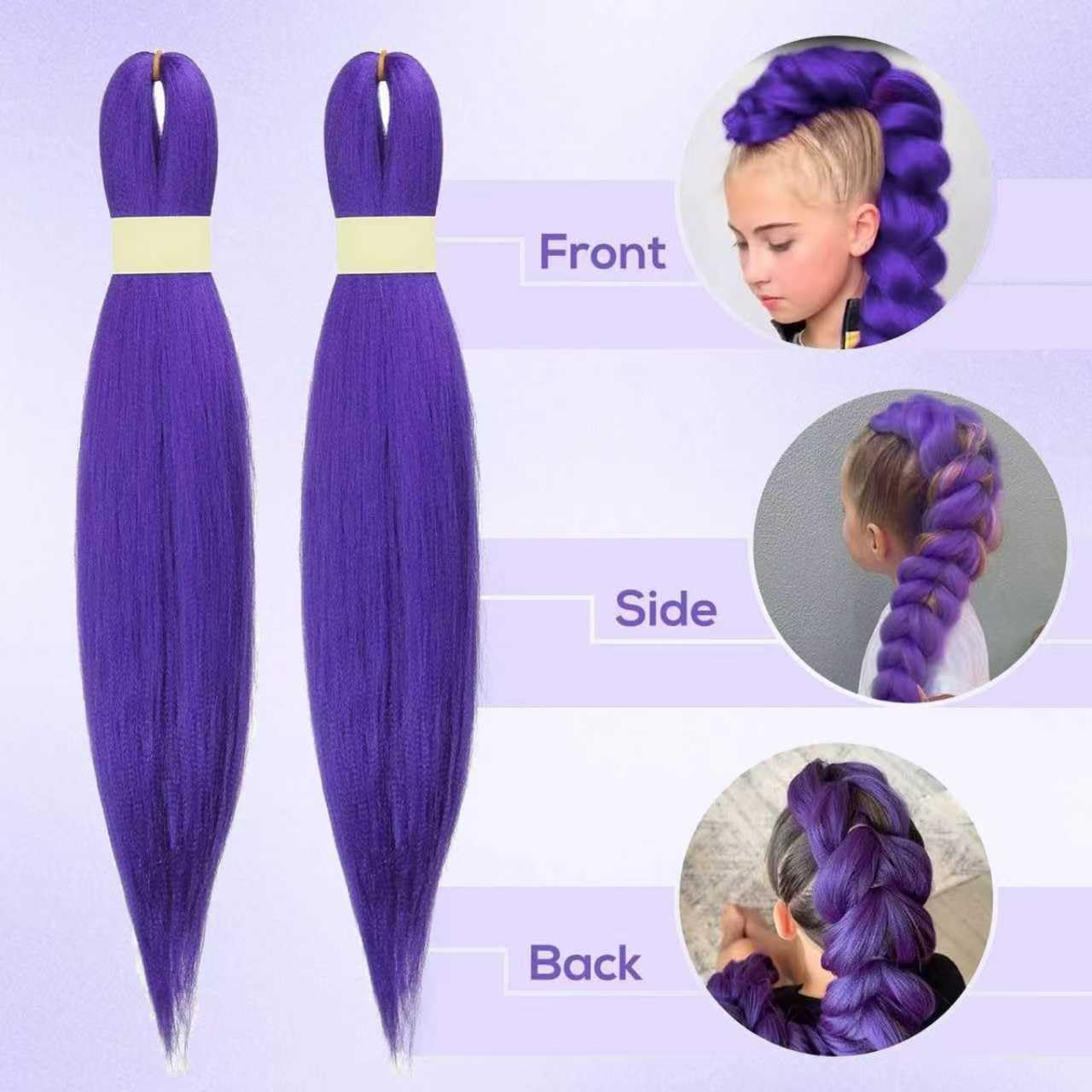 2Pcs Purple Hair Extensions, 26-Inch Pre-Stretched Purple Braids, Role-Play Wigs and Halloween Costume Accessories, Suitable for Children and Adultsirls (A) image number 6