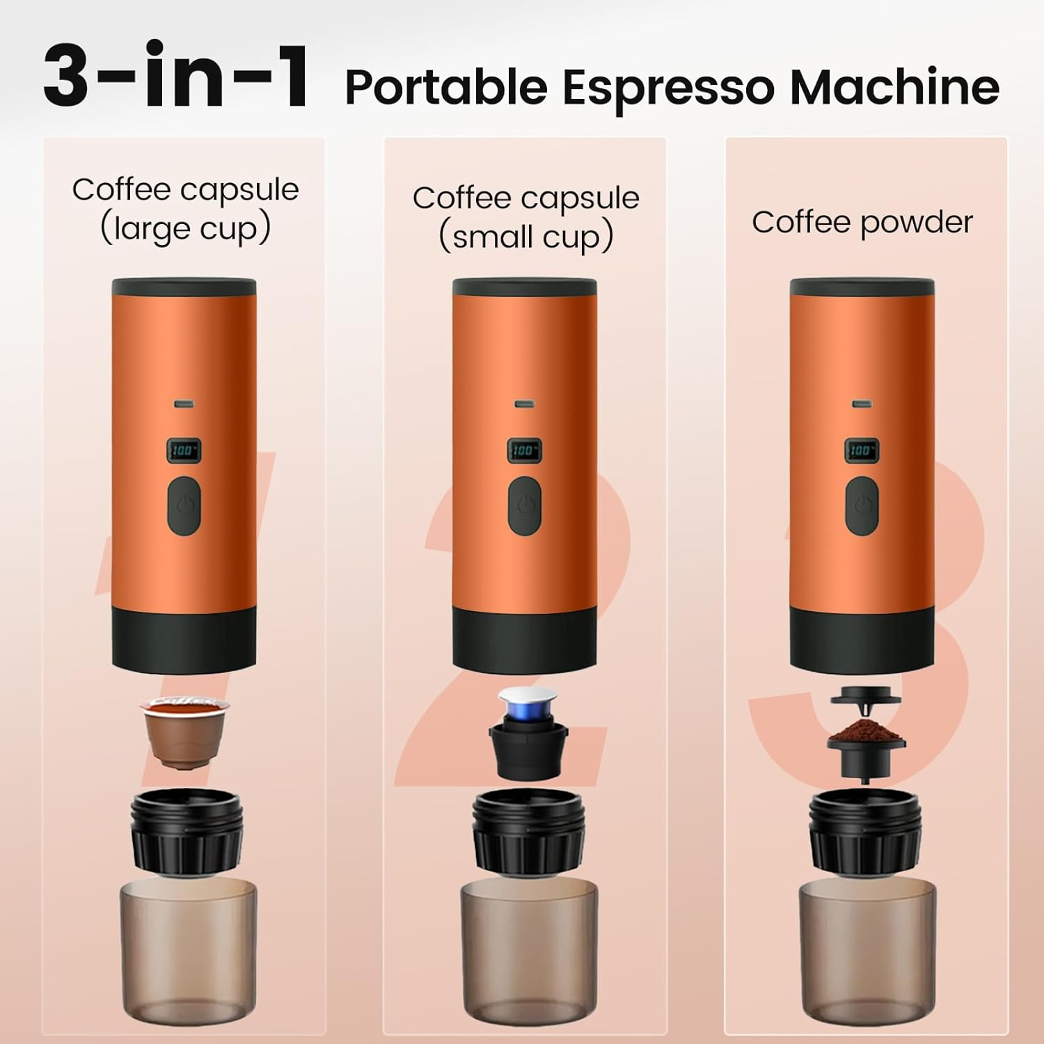 Portable Espresso Machine,Usb Rechargeable Cordless Travel Coffee Maker,20Bar Self Heating Espresso Coffee Machine,Compatible with NS Capsules & Ground Coffee for Camping, Hiking, Office (Orange) - Gray image number 3