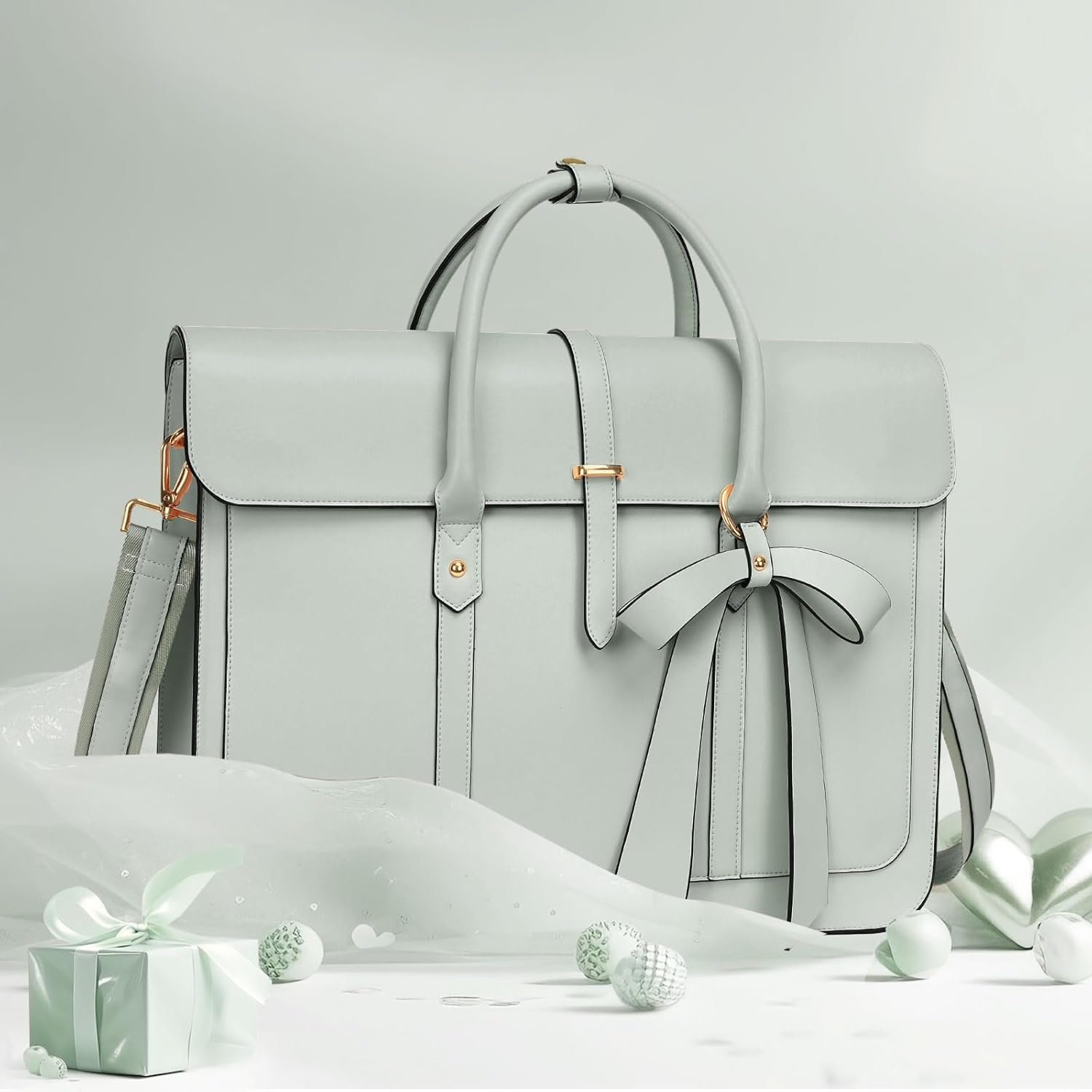 MOSISO Laptop Bag for Women, PU Leather Laptop Shoulder Bag Convertible Backpack, Messenger Bag Casual Handbag Work Briefcase Travel Computer Bag with Bowknot image number 5