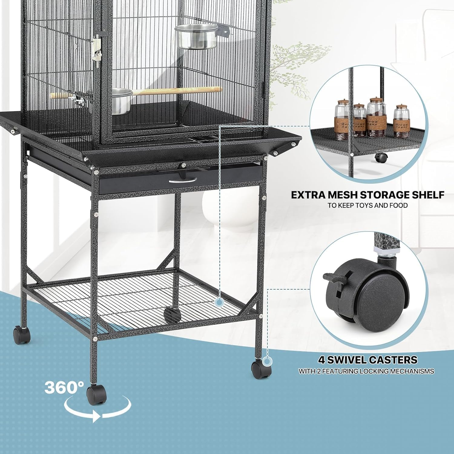 Bird Cage 46 X 46 X 136Cm Large Guinea Pig Pet Birds Parrot Ferret Cages Aviary Budgie Finch Canary Stand Toys,Black 2 Perch with Wheels W/Brake + Slide-Out Removable Tray image number 5