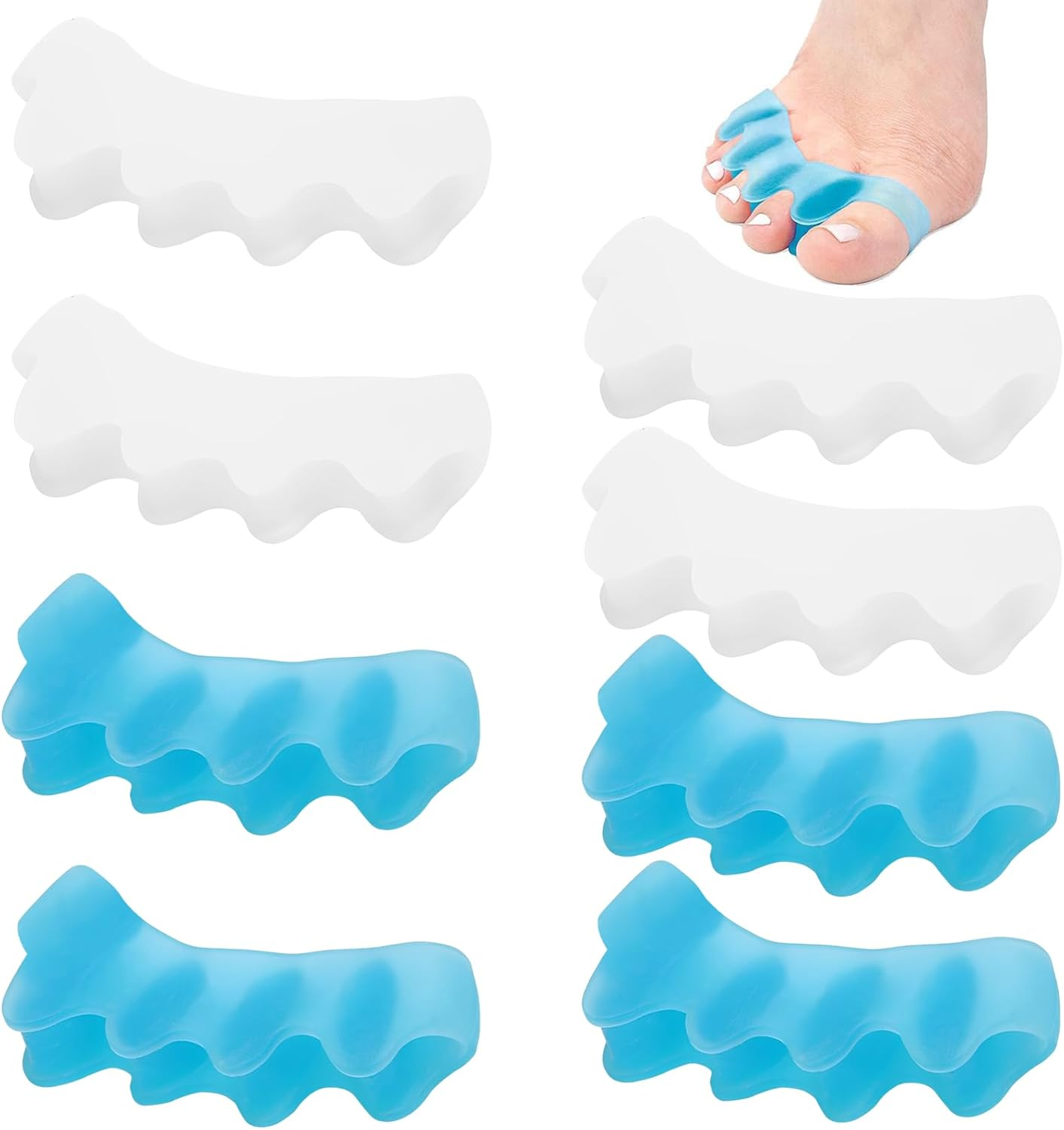 Toe Separators, 4 Pairs Soft Gel Toe Spacers, Bunion Corrector for Women and Men, Toe Splitter for Therapeutic Relief from Plantar Fasciitis, Hammer Toes, Claw Toes, Foot Pain (Blue/White) image number 4