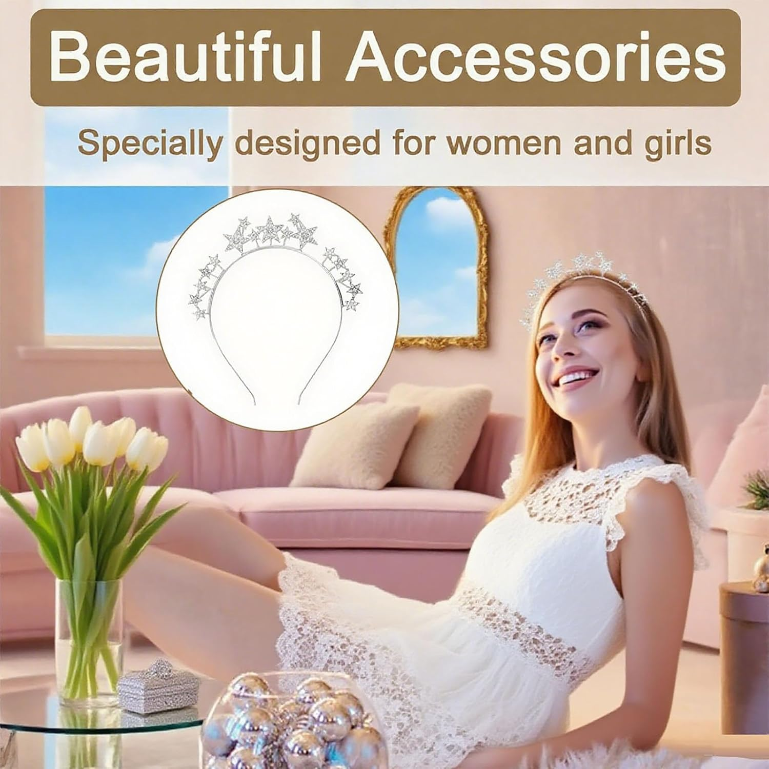 Silver Stars Headband, Stars Headband with Face Tattoo, Star Headpiece for Women and Girls, Glitter Hair Band, Temporary Tattoos Stickers, Glitter Hair Accessories for Carnival Party Halloween image number 2