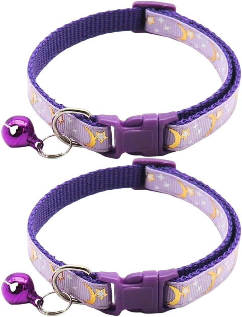 Reflective Cat Collars Breakaway with Bell Moons Stars 2 Pack Girl Boy Pet Kitten Collar Adjustable 7.5-12.5 Inch (Purple)