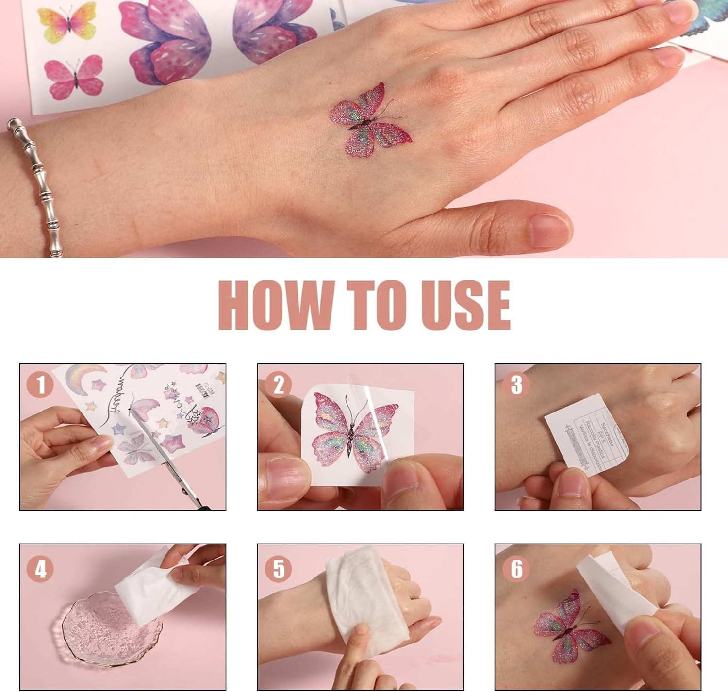 ITADAKU 14 Sheets Glitter Butterfly Tattoos Temporary Stickers Waterproof Butterfly Face Tattoo Glitter Fairy Wings Makeup Fake Tattoos for Girls Fairy Princess Party Birthday Party Favor Gifts image number 4