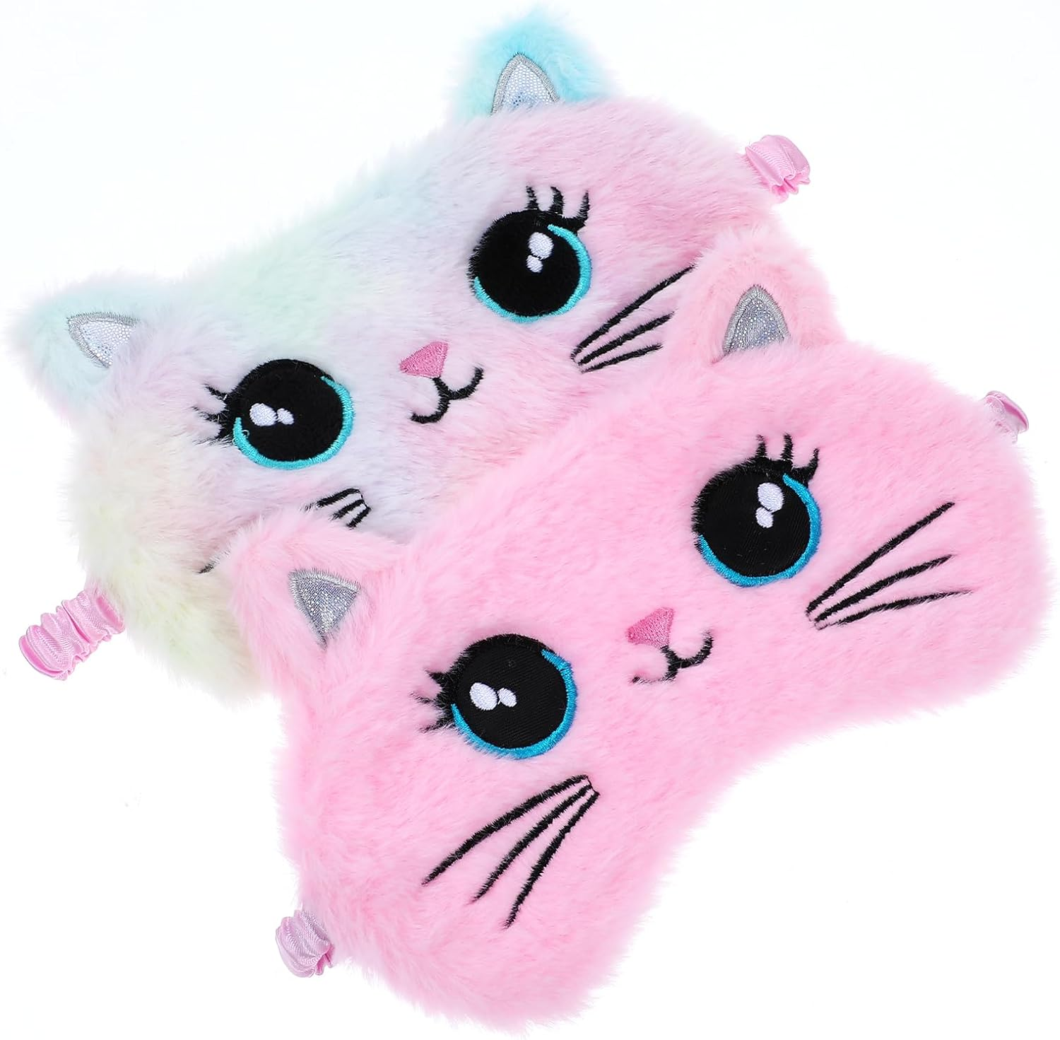 2 Pcs Plush Eye Mask Soft Sleeping Blindfold Eye Cover Comfortable Cute Animal Sleeping Mask Satin Nap Night Eyeshade Cover for Women Men Gift (Pink Muliticolor Cat Style) - Pink, Multicolor image number 5