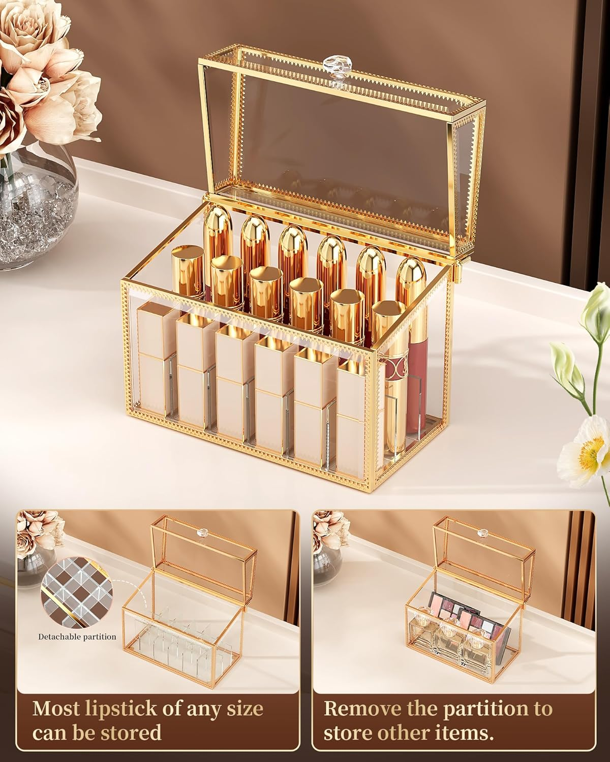 Coralhouse Lipstick Organizer,Luxury Tempered Glass Lipstick Holder & Nail Polish Organizer, 18-Slot Vanity Cosmetic Organizer with Removable Dividers, Gold image number 5