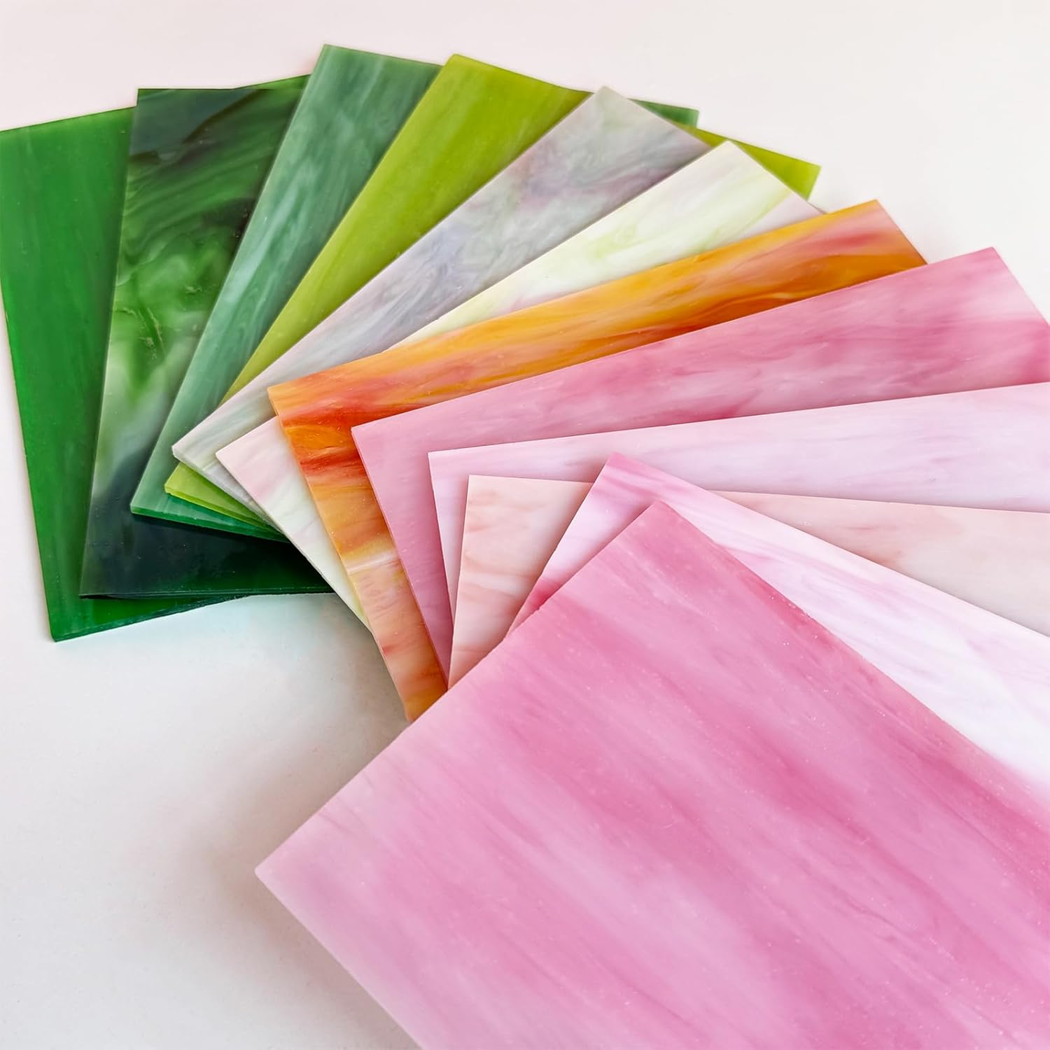 ILLUCKAI 12 Sheets Stained Glass Sheet Pink and Green Collection, 6 X 4 Inch Stained Glass Mosaic Tiles for Stained Glass Projects Mosaic Crafts image number 1