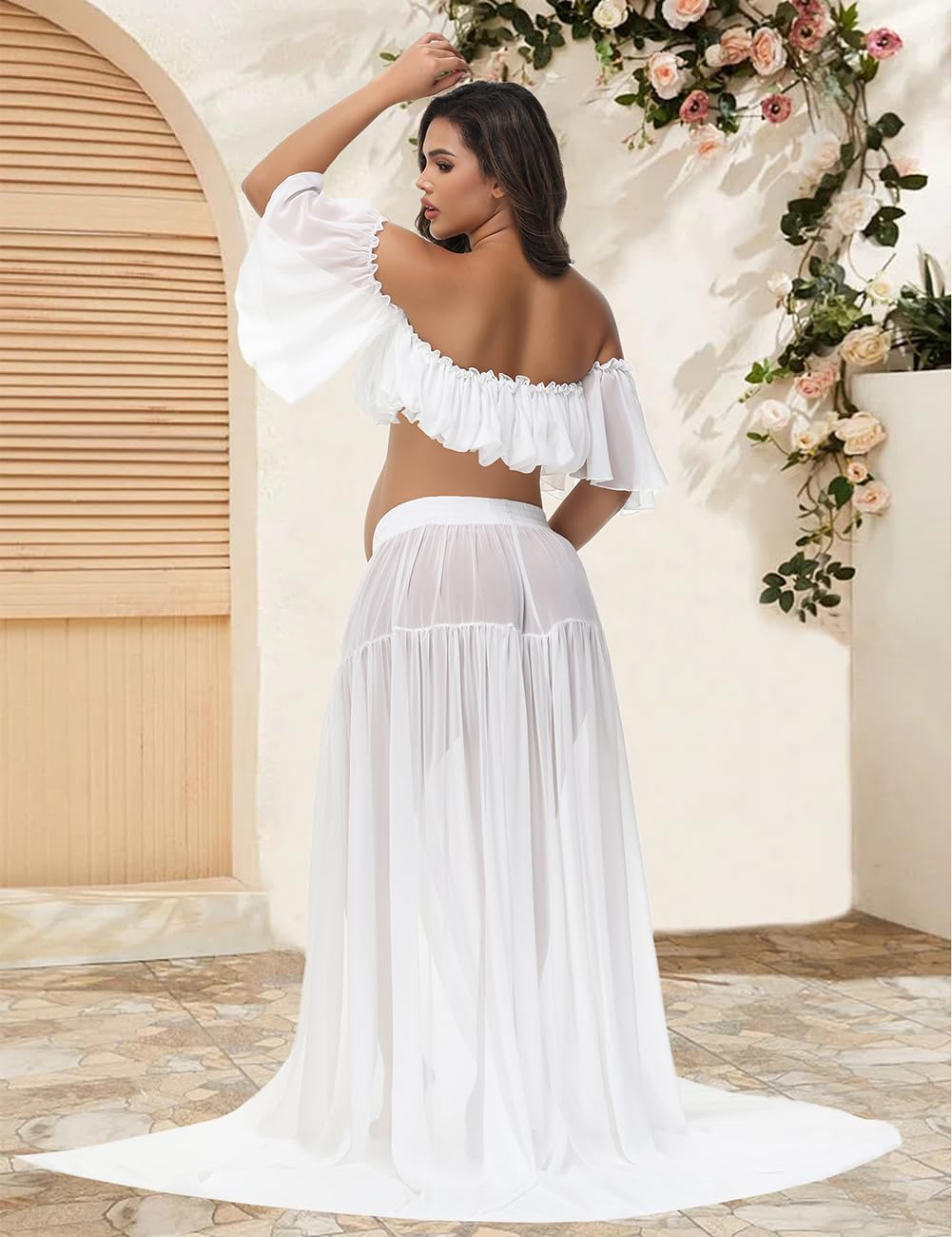 Justvh Maternity 2 Piece Outfits Dress Chiffon Tube Top Ruffle Sleeves Split Skirt for Photoshoot Baby Shower image number 4