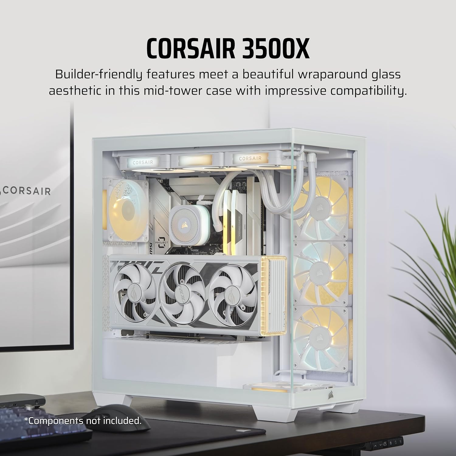 CORSAIR 3500X Mid-Tower ATX PC Case &ndash; Panoramic Tempered Glass &ndash; Reverse Connection Motherboard Compatible &ndash; No Fans Included &ndash; White