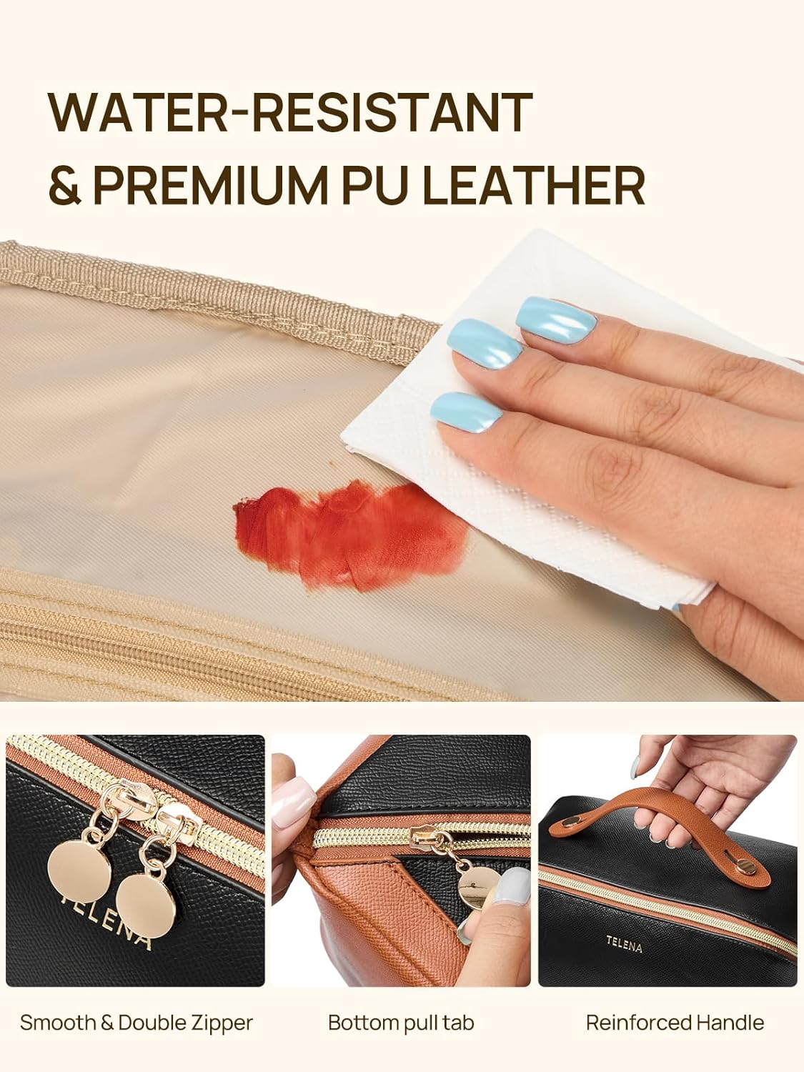 DDPOND Makeup Bag Large Capacity Travel Cosmetic Portable PU Leather Water Resistant Organizer Bags for Women with Handle and Divider Open Flat Beige with Brown