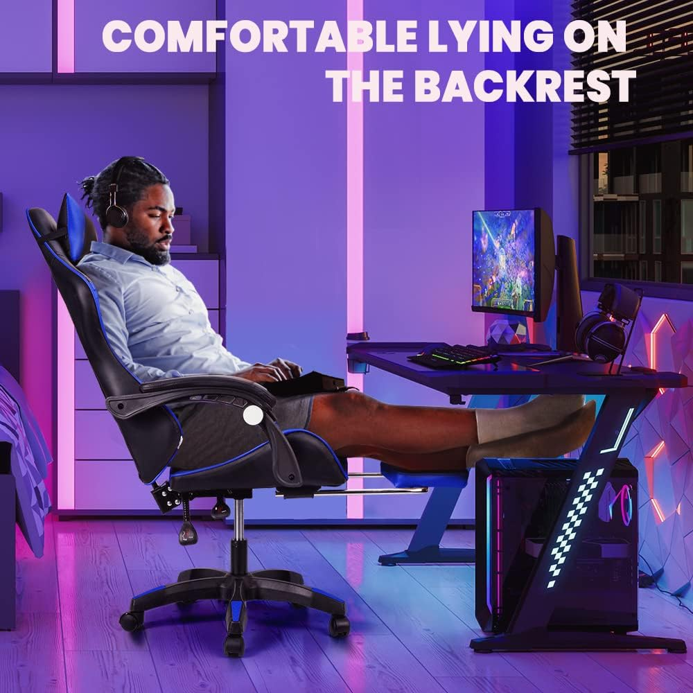 Furb Gaming Chair with 2-Point Massage Lumbar Cushion and Footrest, Ergonomic Executive Office Chair PU Leather Computer Chair with Adjustable Headrest and 135&deg;Recline, Black+Blue