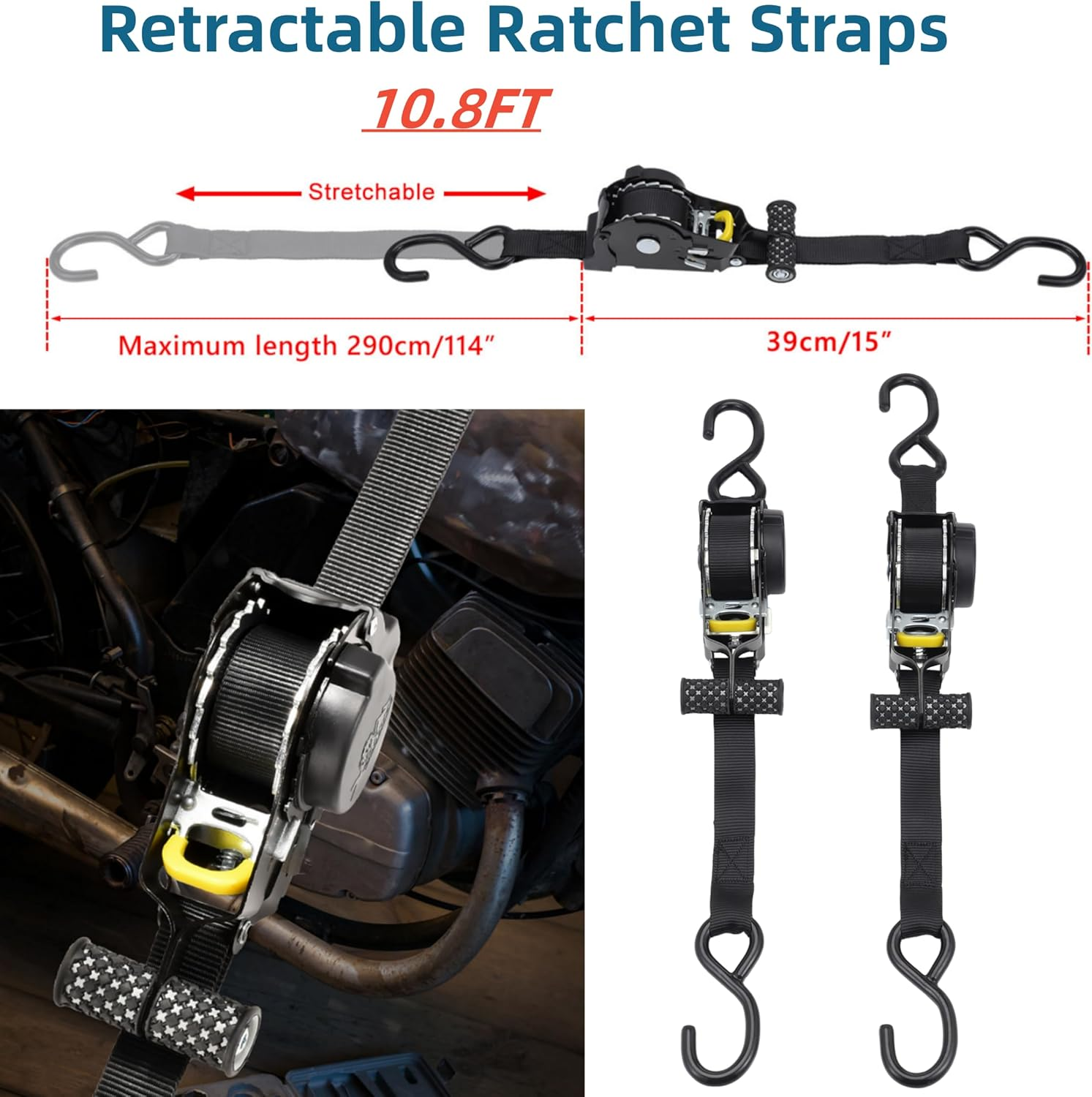 KUGONTC 2Pcs Ratchet Tie down Strap，Retractable Ratchet Straps Bundle,10.8Ft Automatic Shrink Tensioner with Rubber-Coated Steel Handles, S-Hooks with Breaking Strength - 1,500LBS Each image number 3