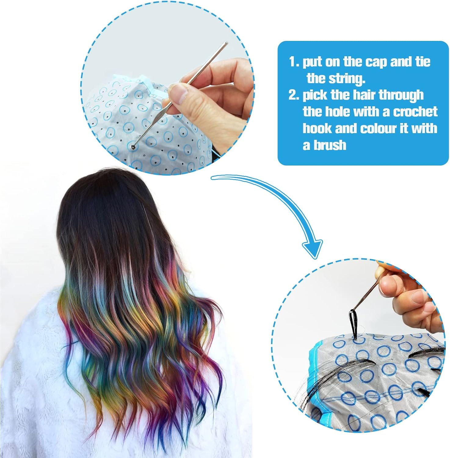 VEGCOO 17 Highlight Cap Hair Dye Accessory Set, Highlight Cap Hair Dye Caps with Dye Brush for Crochet for Salon and Home Hair Dyeing image number 6