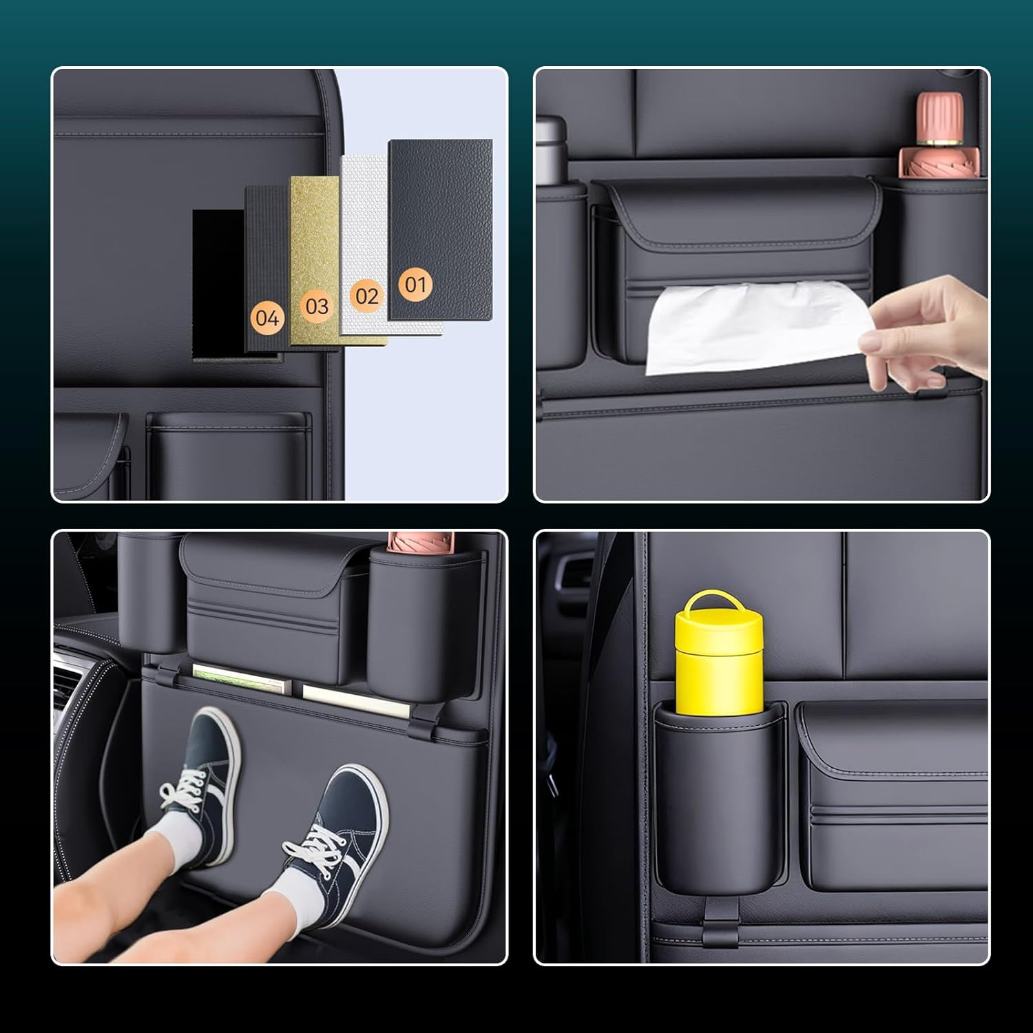 Car Backseat Organizer 2-Pack- Kick Mats Back with 6 Storage Pockets,And Adjustable Buckle Strap Waterproof Car Storage Organizer Backseatuse Premium Leather for Family Road Trips image number 1