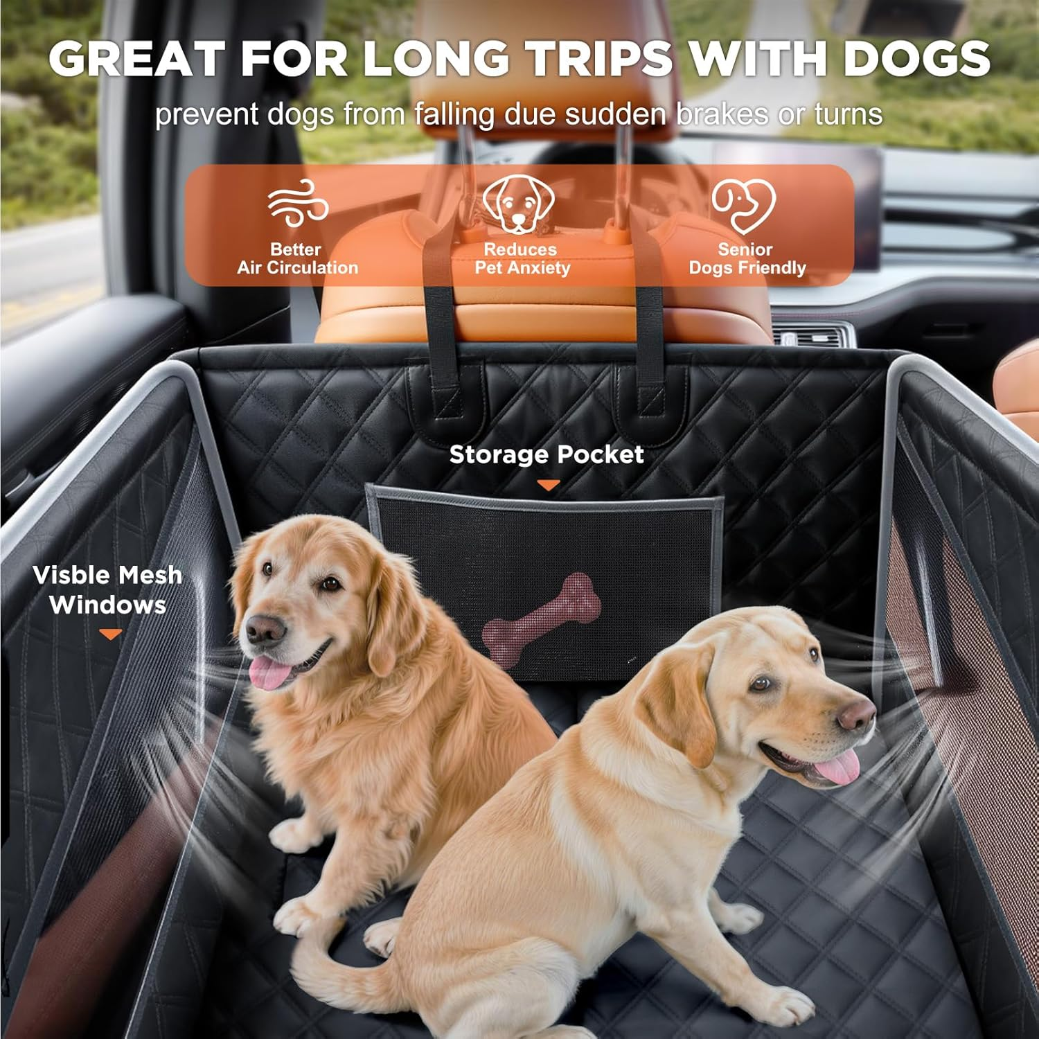 Gimars Upgrade Dog Car Seat for Large Medium Size Dogs, Waterproof Back Seat Extender for Pets Hard Bottom, Half Hammock with Non-Slip Base Mesh Window Storage Pocket, Dog Seat for Car/Suv/Trucks (L)