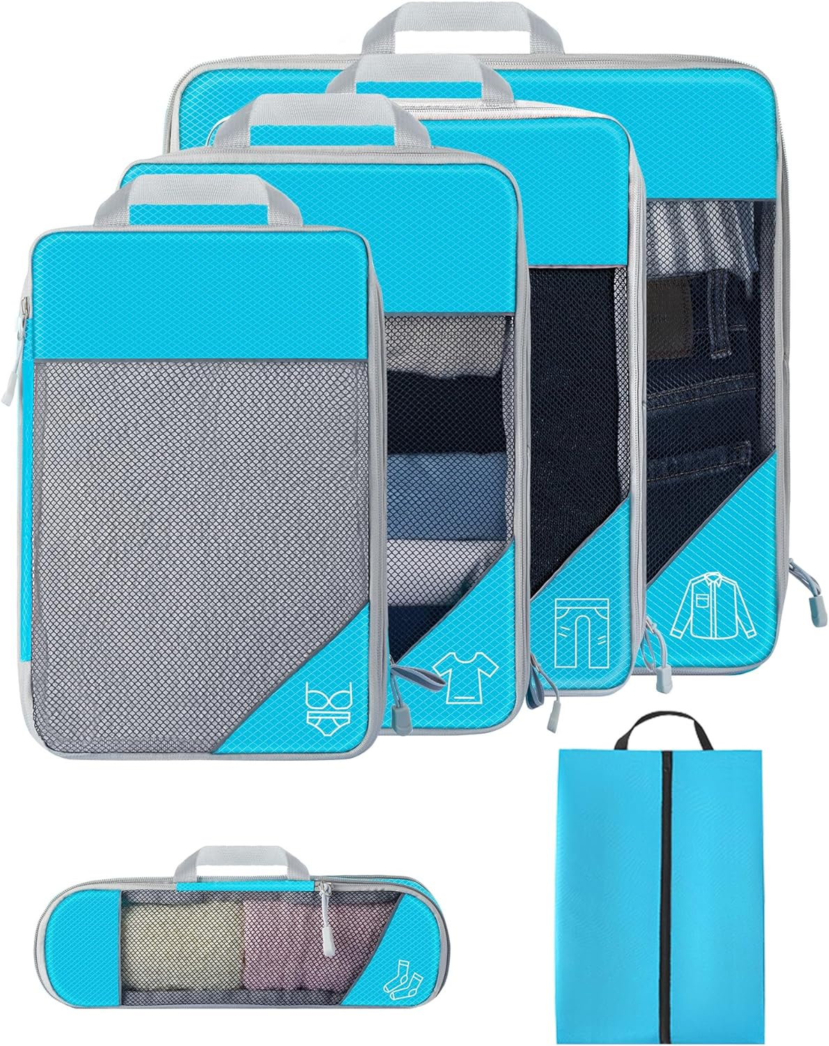 Compression Packing Cubes for Suitcases, Extensible Travel Packing Cubes, Mesh Luggage Suitcase Organizer Bags, Large Medium Small Slim Packing Cube, Travel Suitcase Accessories