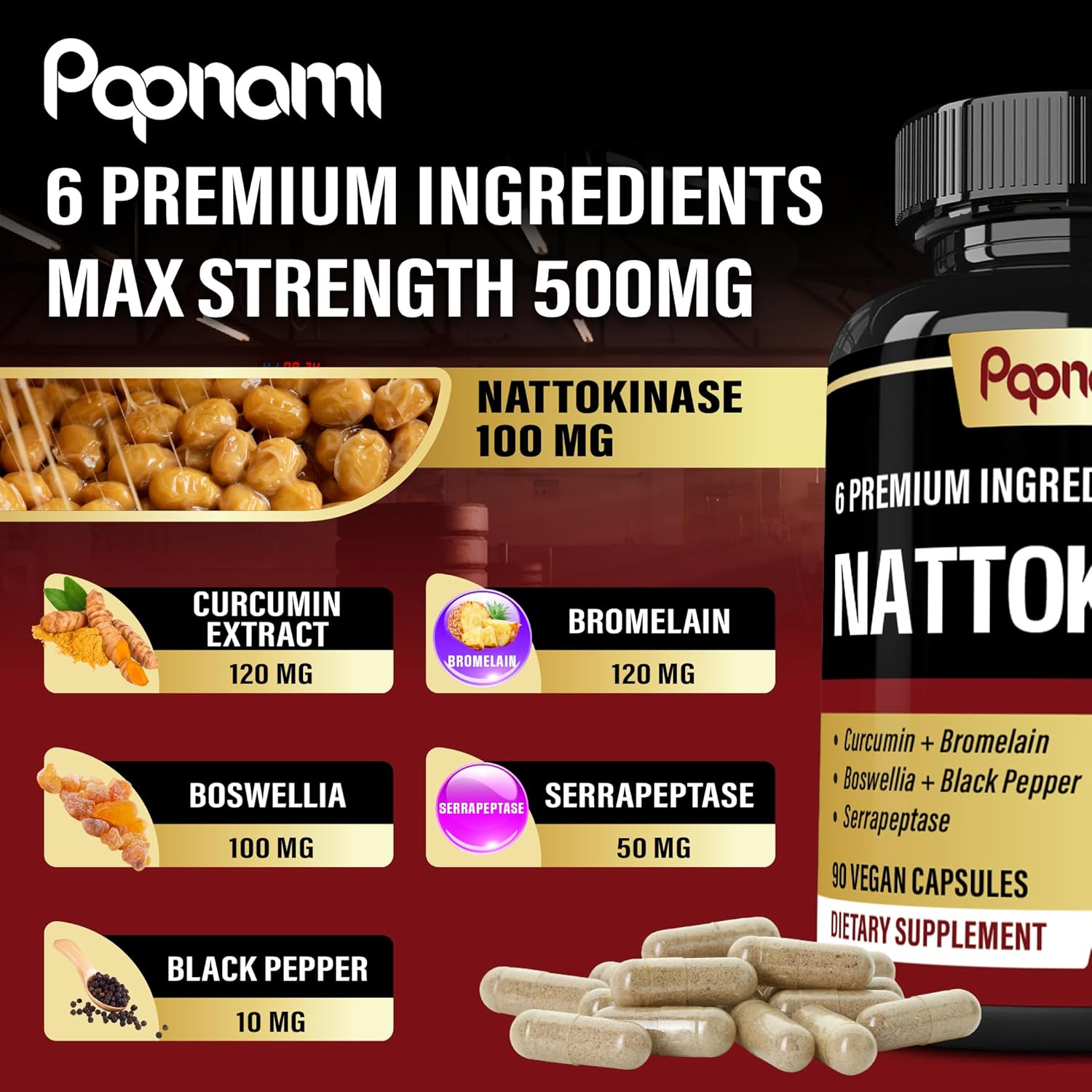 6-In-1 Nattokinase Supplements - Blended with Serrapeptase, Curcumin Extract, Bromelain, Boswellia & Black Pepper - Support Natural Antioxidant - 90 Count image number 6