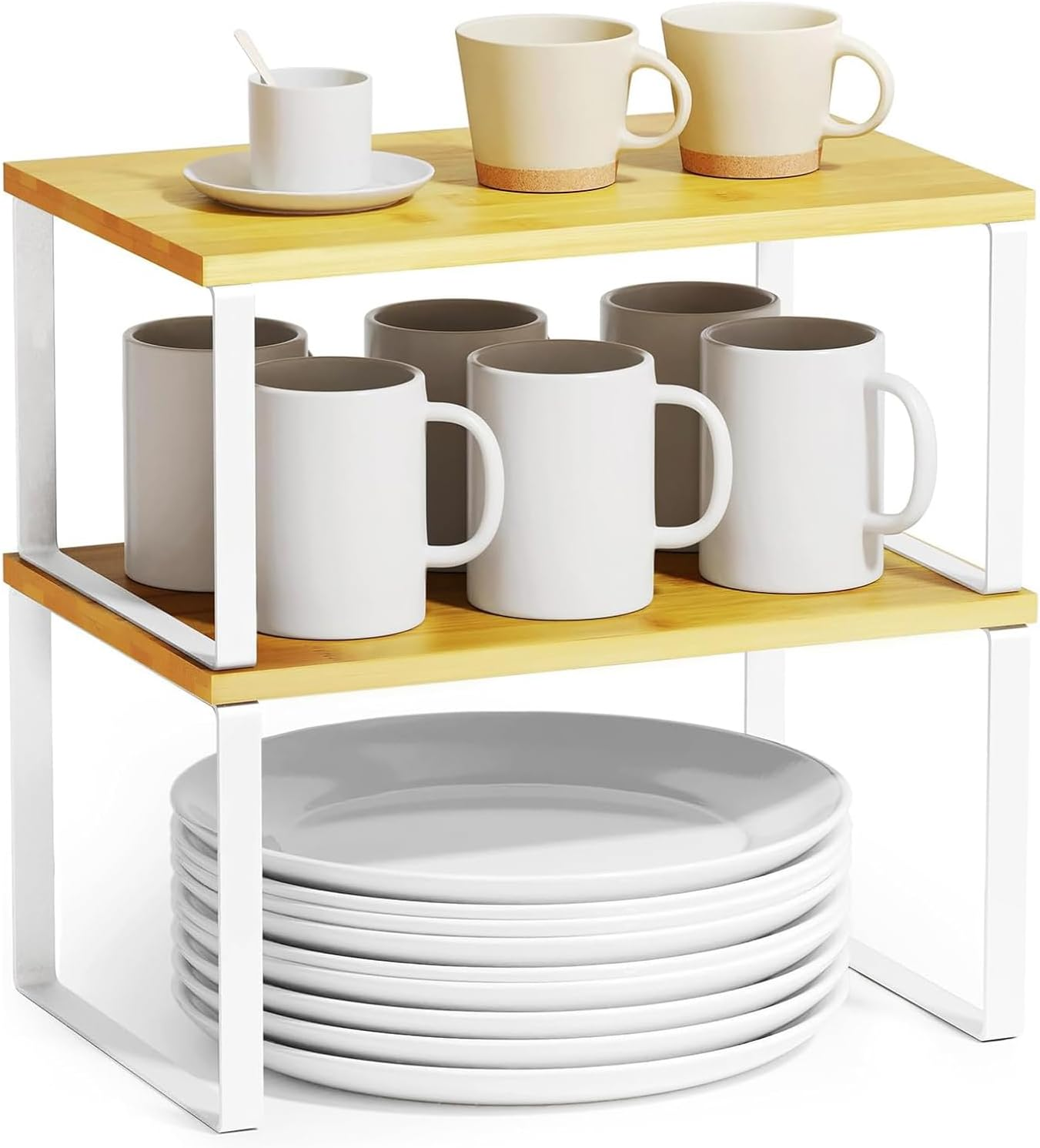 LOVJOYSE Cabinet Organizer Shelf, Set of 2 Kitchen Counter Shelves, Kitchen Storage, Spice Rack, Stackable, Expandable, Metal and Engineered Wood, Ink Black and Natural Whtie