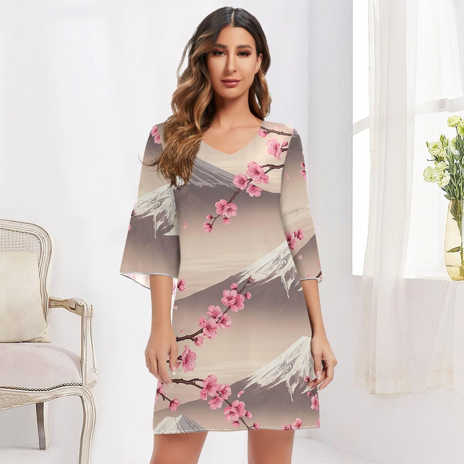 Japanese Pink Cherry Blossom Elegant V Neck Dress Printed Line Maternity Dress