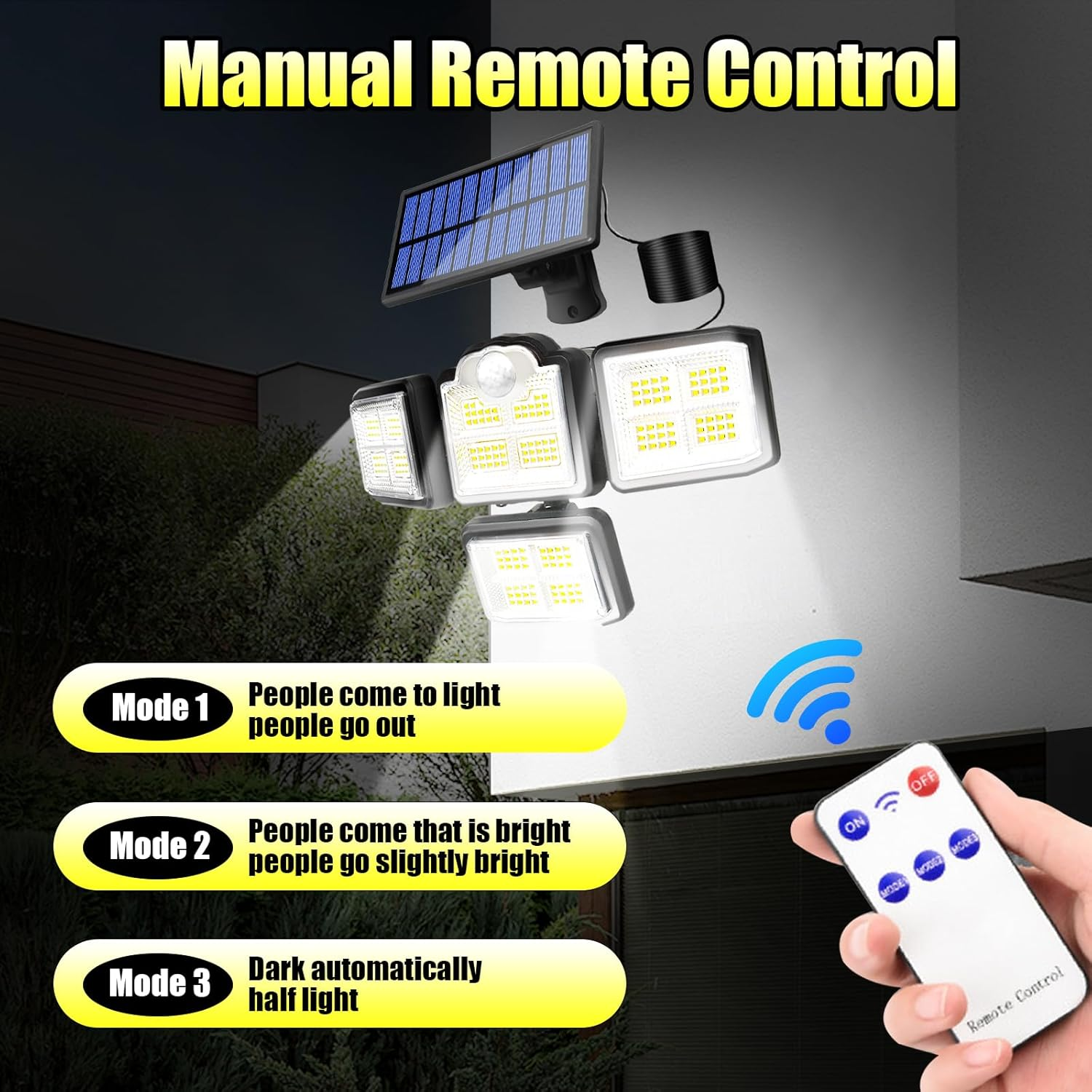 Outdoor Solar Motion Sensor Lights - 2Pcs 288 LED Solar Flood Light 3500LM 7000K with 5M Cord for outside Security Lighting - IP65 Waterproof and Remote Control for Yard, Garage, Garden (2-Pack) image number 3