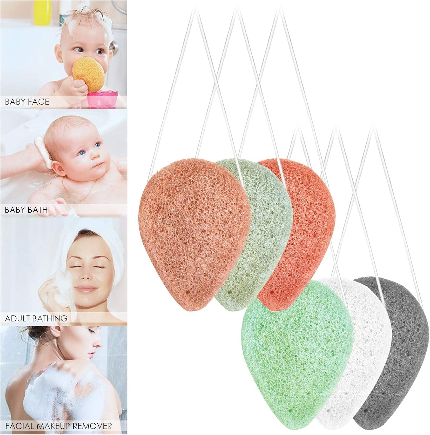 6Pcs Konjac Bath Sponge,Organic Konjac Cleansing Facial Sponges Set,Cordate Facial Sponges，Polychrome Face Sponges for Gentle Face Cleansing and Exfoliation (Droplet Shaped) image number 1