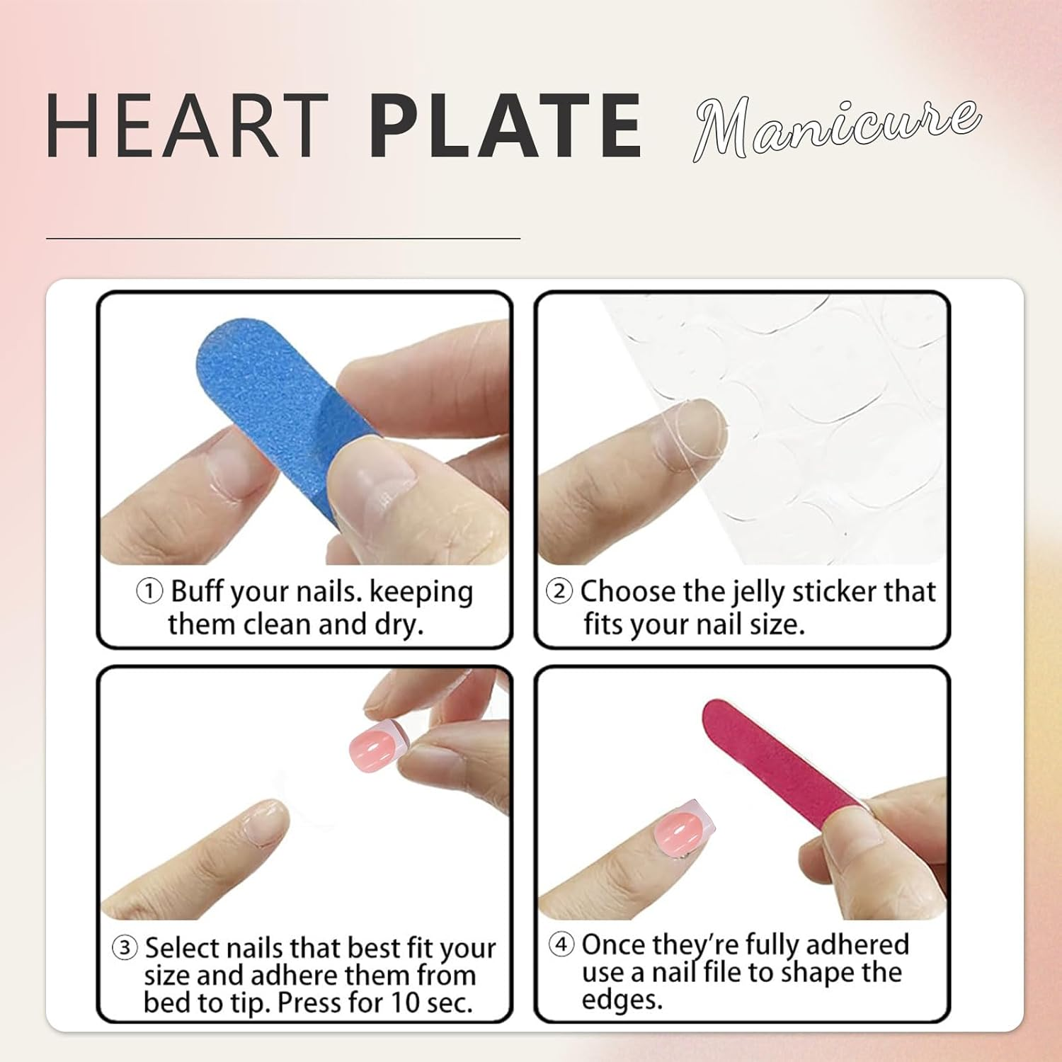 Cosmeria Press on Nails Set, 24 Pieces Fake Nails with Heart Design, Easy to Use with Jelly Glue, Includes Nail File and Cleaning Kit