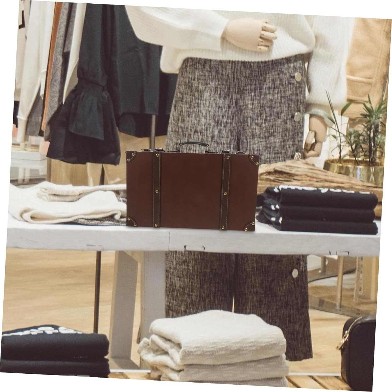 SOLUSTRE Vintage Leather Decorative Trunk Small Retro Suitcase Classic Storage Box for Photo Props and Home D&eacute;cor, Brown Vintage Luggage Decoration for Clothing Store Display image number 2