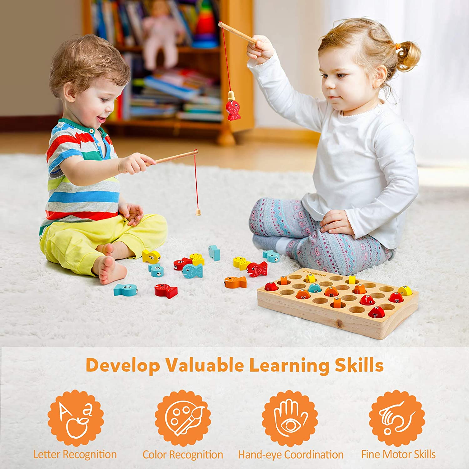 Coogam Wooden Magnetic Fishing Game, Fine Motor Skill Toy ABC Alphabet Color Sorting Puzzle, Montessori Letters Cognition Preschool 2 3 4 Years Old Toddler Kid Early Learning with 2 Pole image number 3