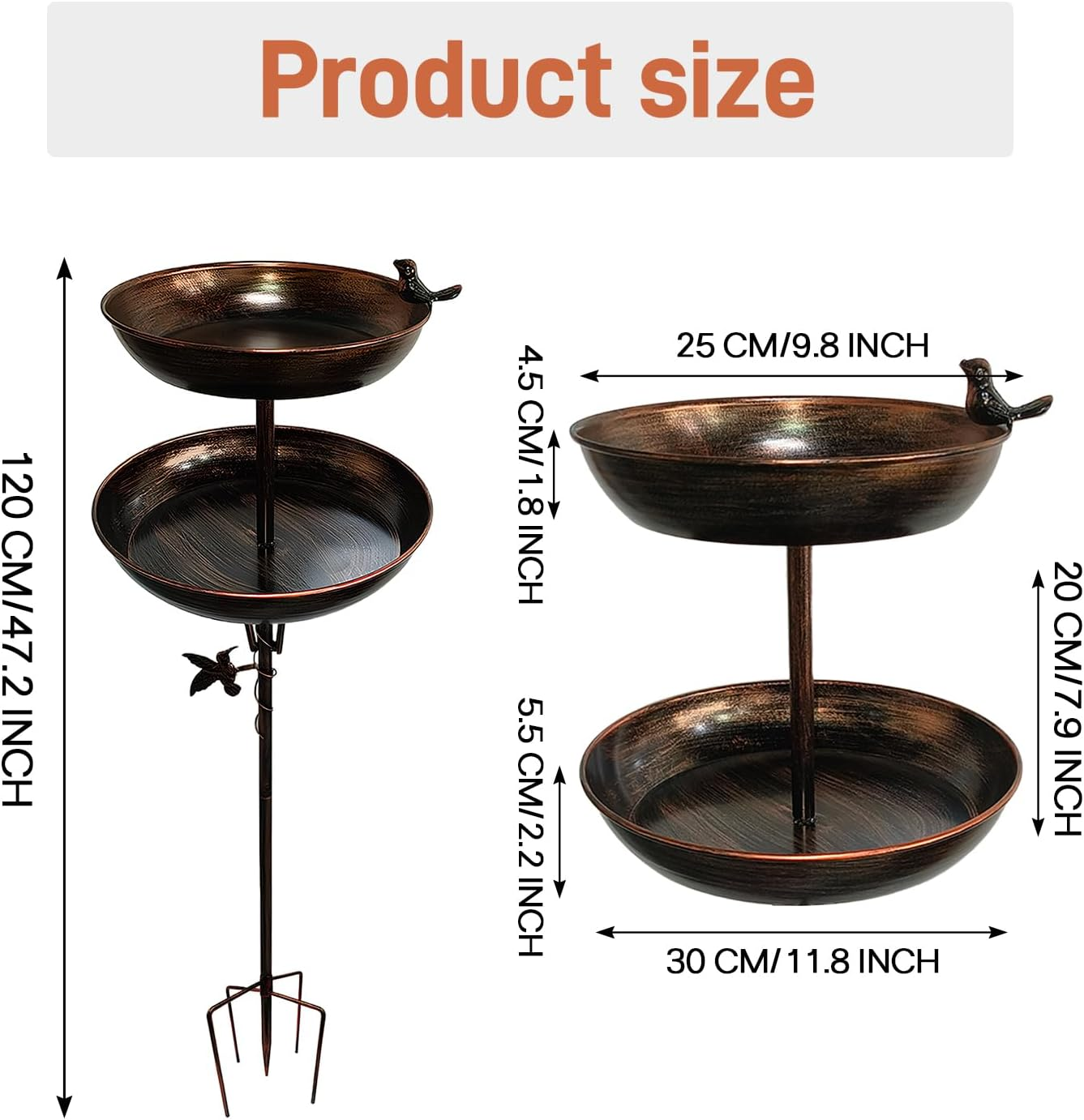 Double Standing Bird Feeder and Bird Bath 120 Cm, Antique Large Birdbath for Outside, Metal Hummingbird Water Feeder Bowl, Tall Sturdy Pedestal Stake for Outdoor Yard Garden Lawn image number 3