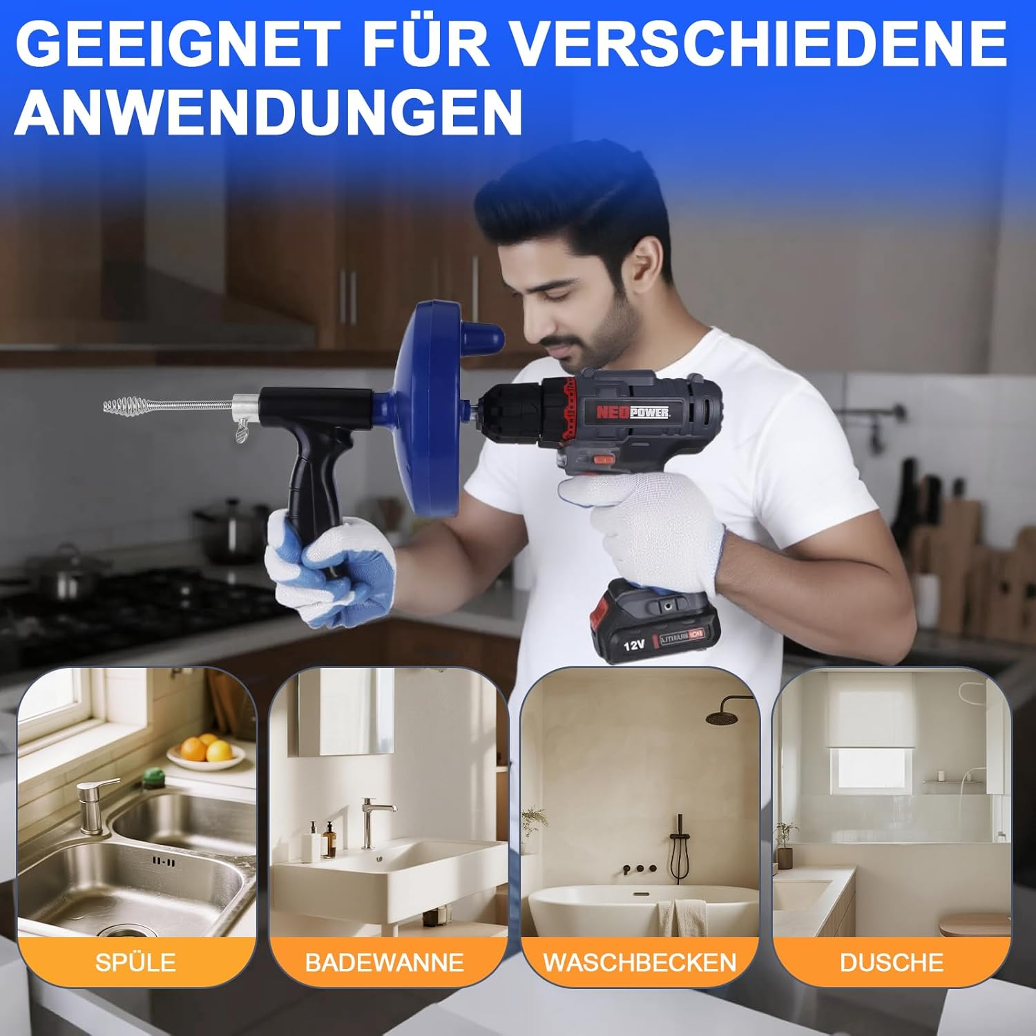 LJEC Pipe Cleaning Spiral 7.5 M with Drill Attachment Manual and Electric Pipe Cleaning Device Stainless Steel Effective Drain Spiral against Blockages with Gloves for Sink, Bathroom, Kitchen