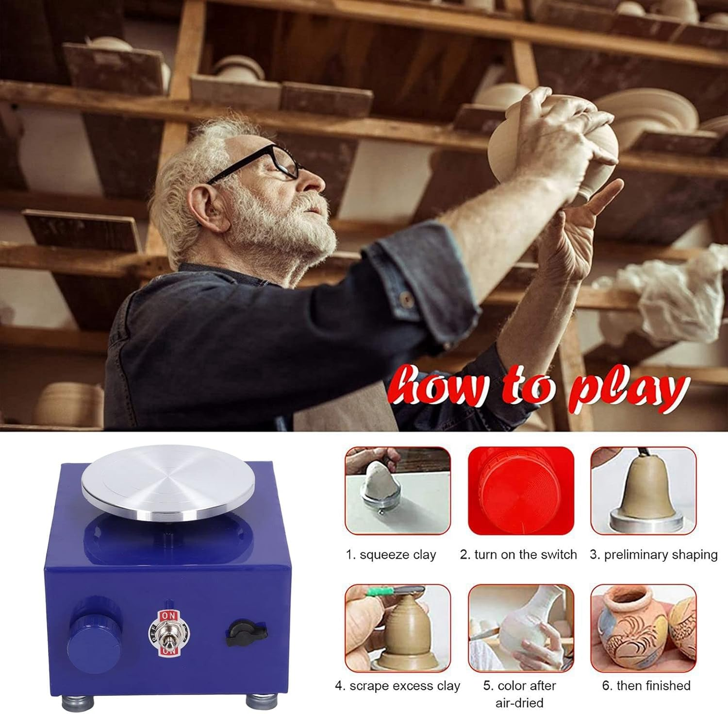 Mini Pottery Wheel for Beginners, Electric Mini Pottery Wheel Machine for Kids with Tray, 8 DIY Clay Tools, 0-2000 RPM Adjustable Speed, Pottery Wheel Clay Tool for Kids Beginner(Au Plug) image number 2