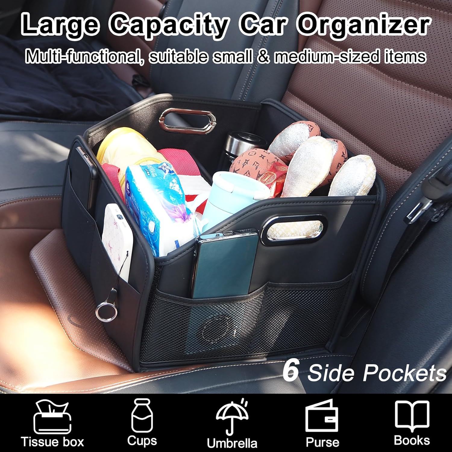 21L Car Seat Organizer for Back & Front Seats, Nappa Leather Car Trunk Storage Box with 8 Compartments 2 Carry Handles, Collapsible Multipurpose Automotive Cargo Organizer for Cars, SUV, Trucks image number 6