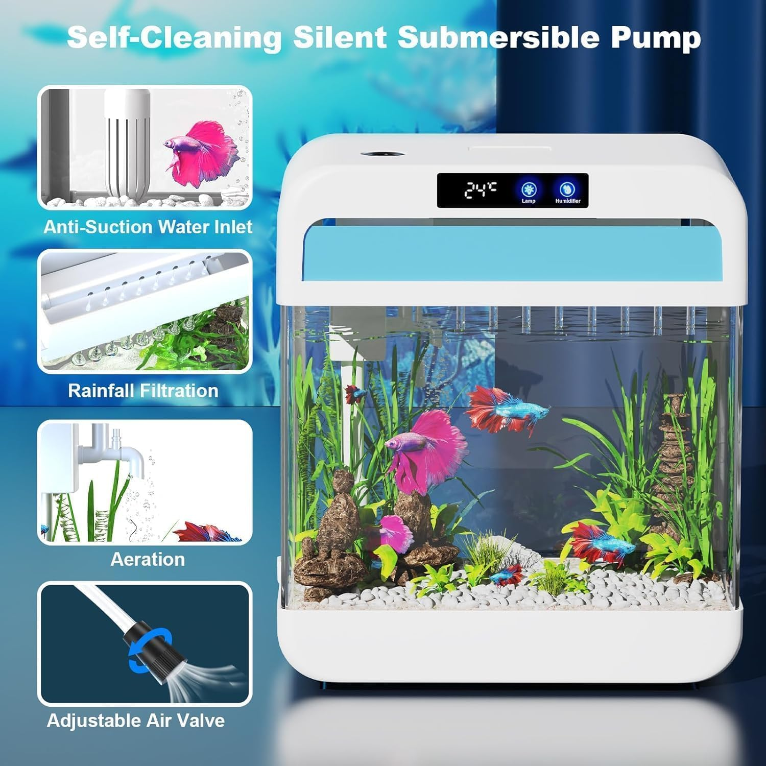 MINYII Fish Tank Aquarium 2.2 Gallon with Humidifier 7 Color Looping Light with Timer Self-Cleaning 3 in 1 Water Pump with Filteration & Oxygenation & Circulation, Temperature Display (White)