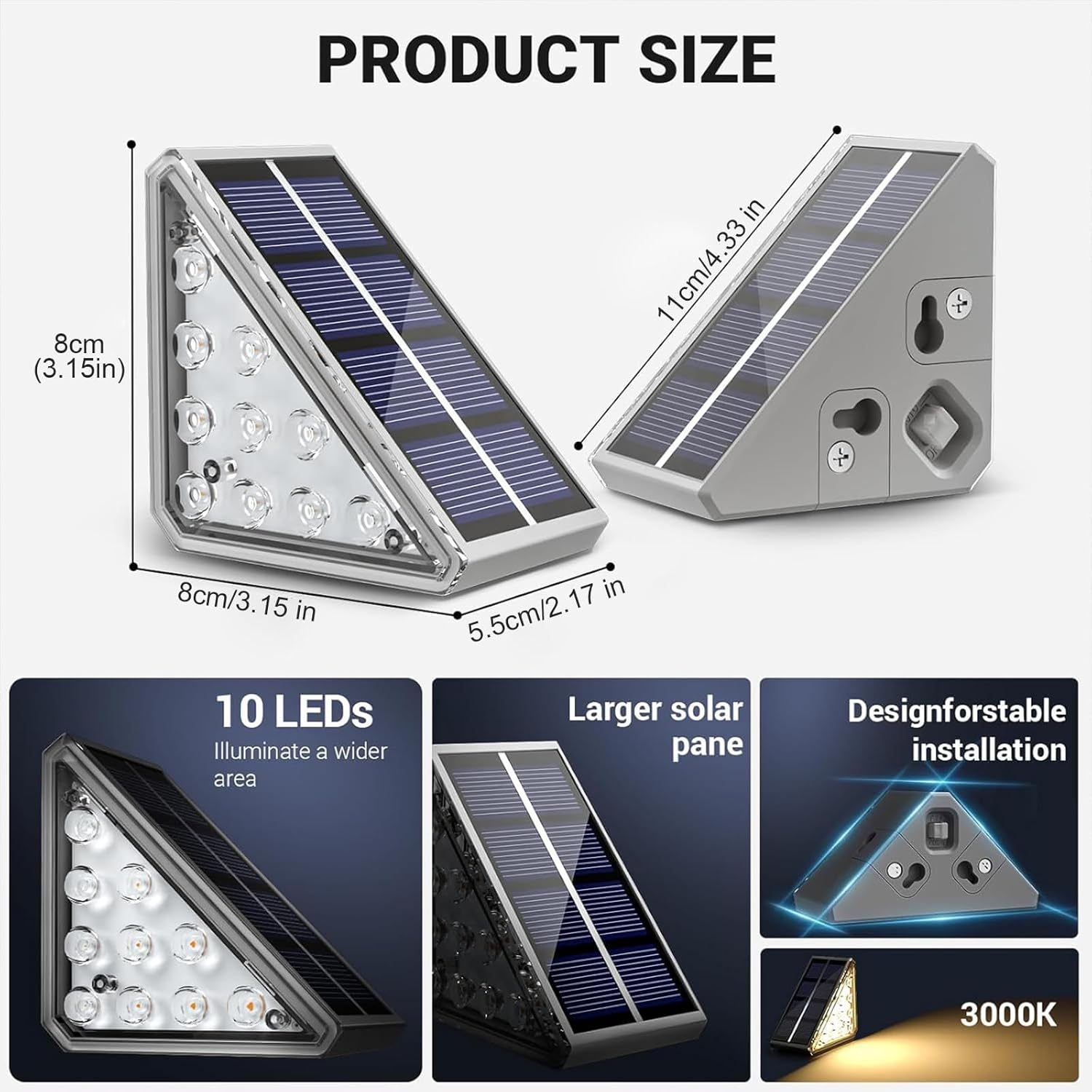 6 Pack Solar Outdoor Step Lights Triangle IP67 Waterproof Auto on off Decoration Deck Lights for Patio Yard, Driveway, Porch, Front Door, Sidewalk,Warm White image number 3