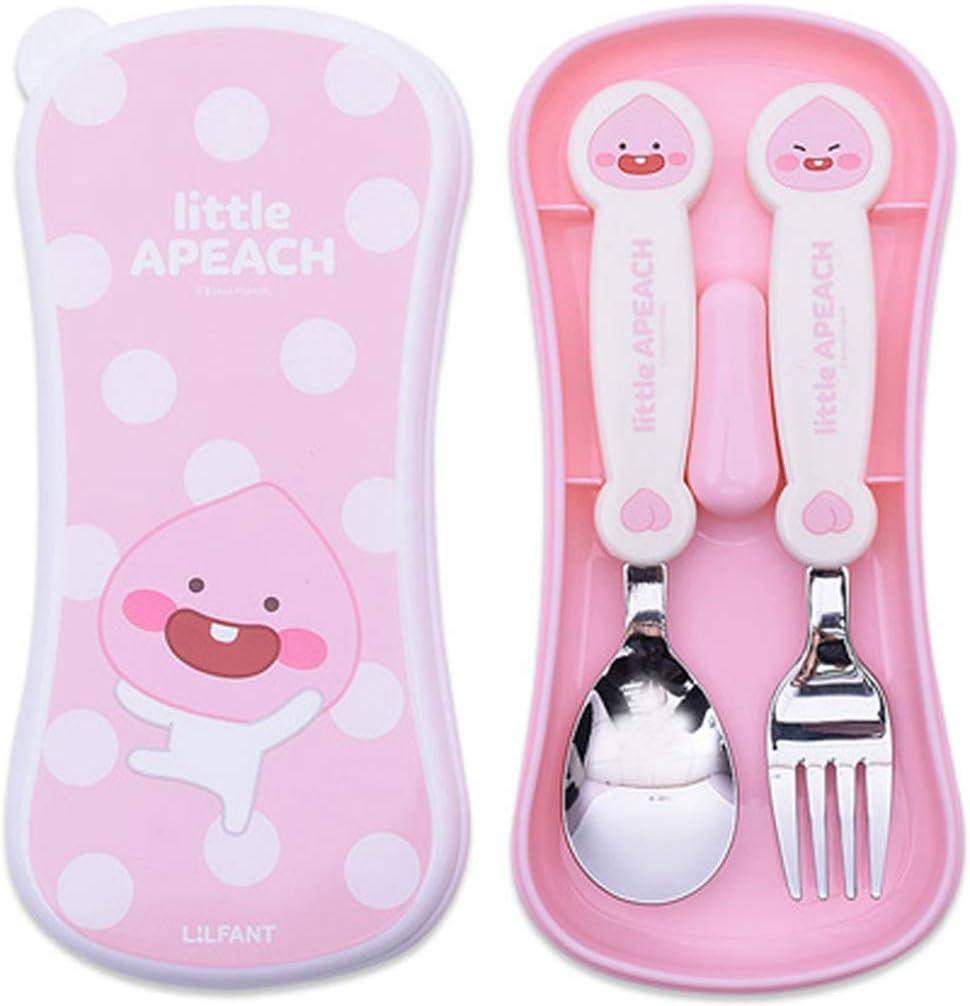 Kakao Friends - Easy Washing Clean 304 Stainless Steel Spoon & Fork (1.1 Inch X 5.6 Inch) with Wide Case Tableware Set for Kids, Pink (Little Apeach)