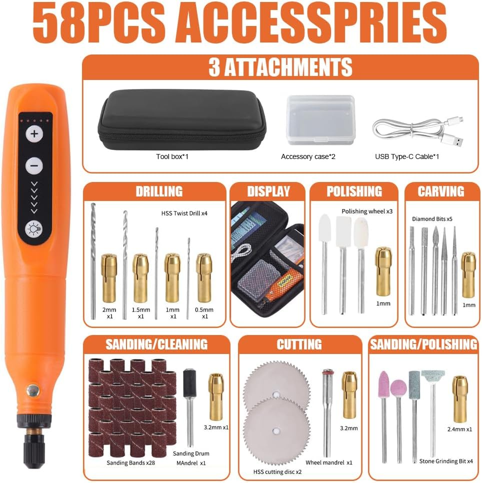 Powerful Mini Cordless Rotary Tool Kit with 5-Speed and USB Charging, 58 Accessories for Engraving, Polishing, Etching image number 3