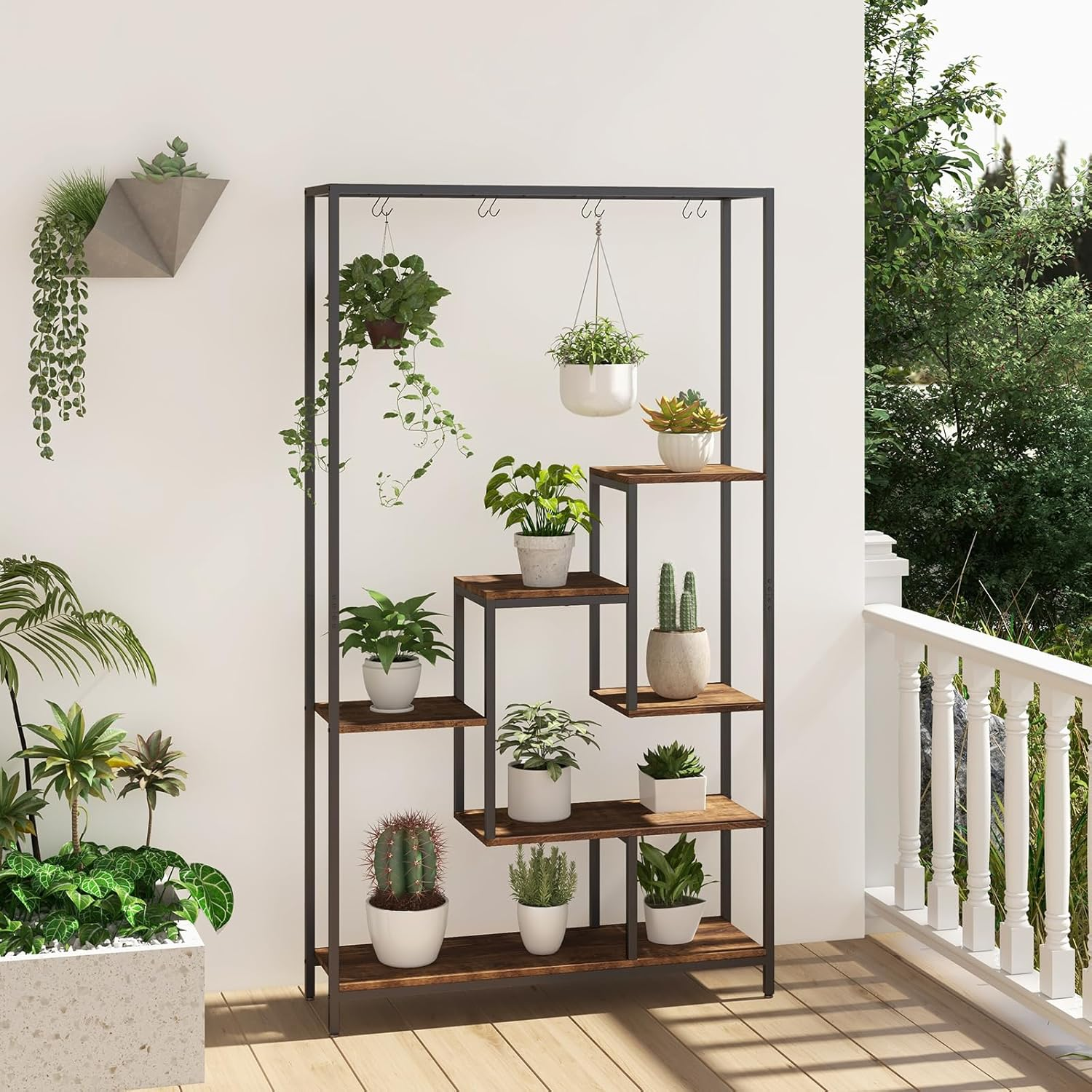 Costway 6-Tier Tall Plant Stand, 180 CM Metal Indoor Plant Shelf W/ 10 Hanging Hooks & Wire Shelf for Multiple Plants, Multipurpose Plant Display Rack for Balcony, Living Room, Black (Black + Rustic Brown) image number 3
