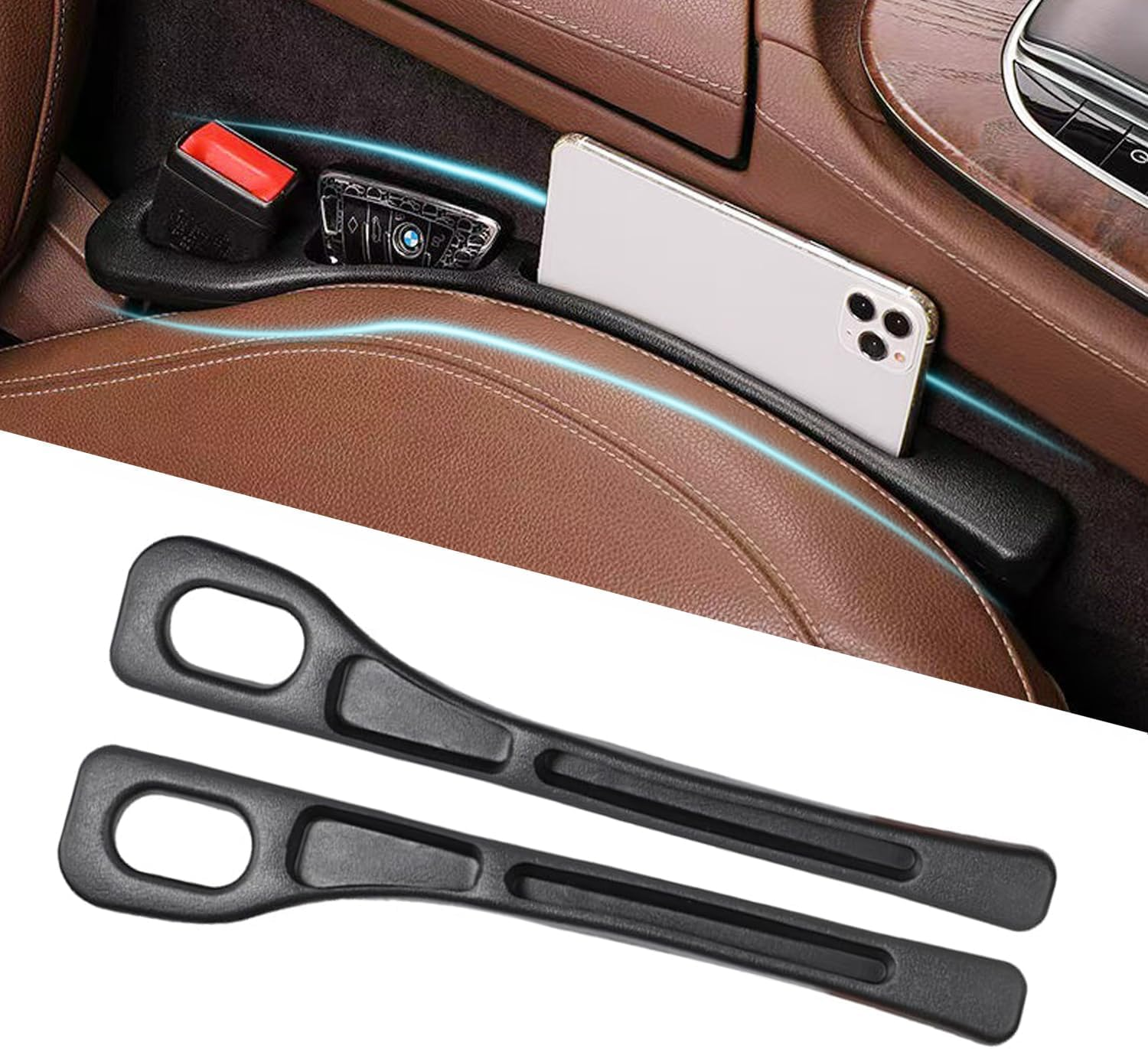 2PCS Car Seat Gap Filler Organizer, Multifunctional Seat Side Gap Filler with Organizer, Car Gaps Filler Organize with Storage Space for Filling Gaps & Storing Items Fit Most Vehicles (Black)