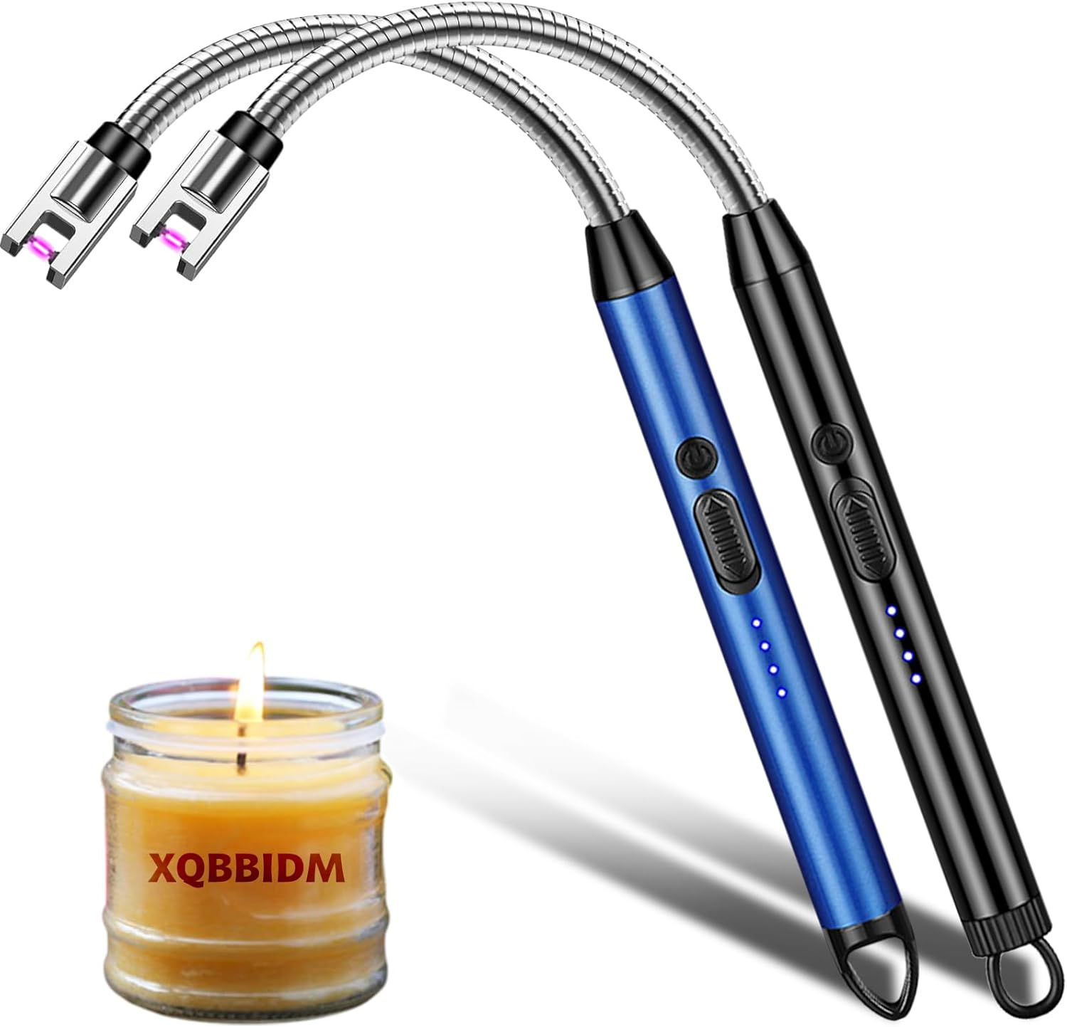 Electric Lighter, 2 Pack of USB Rechargeable Candle Lighter with Hook, 10.2-Inch Flexible Neck Arc Lighters with Battery Indicator and Safety Switch for Candle, Kitchen,Camping (Black A+Rose Gold A)