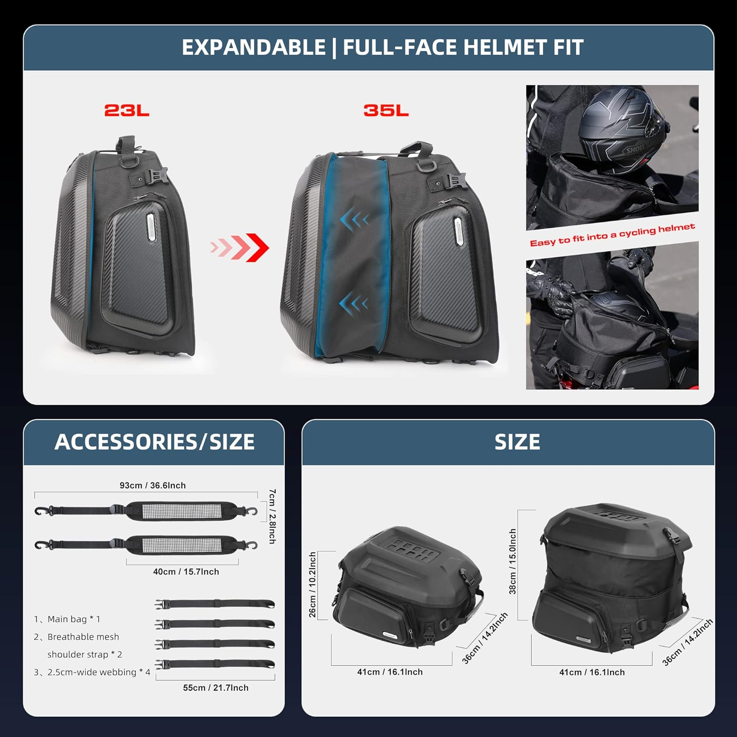 Rhinowalk Motorcycle Seat Bag - Expandable 23-35L Hard Shell Helmet Bag - Waterproof Luggage Bag - Travel Storage Bag image number 3